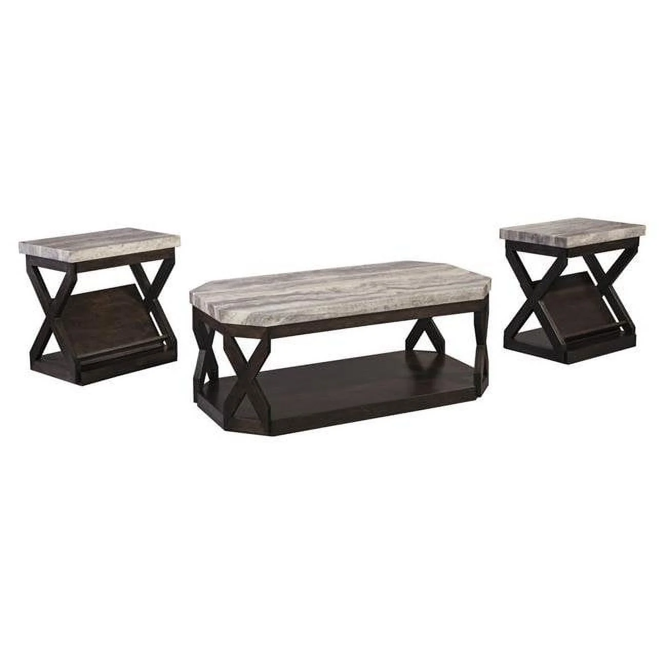 Faux Marble Table Set with 1 Coffee Table & 2 End Tables - Gray & Brown - 19.25 x 48.13 x 24.13 in.
