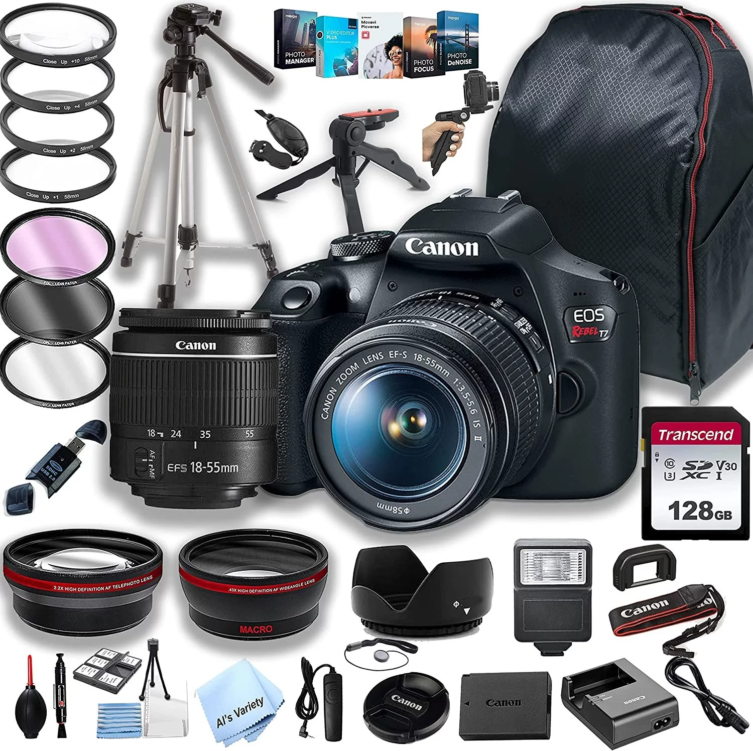 Canon EOS Rebel T7 DSLR Camera w/EF-S 18-55mm F/3.5-5.6 Zoom Lens + 128GB Memory + Case+ Steady Grip Pod + Tripod + Filters + Remote + Lenses + Software + More 42pc Bundle