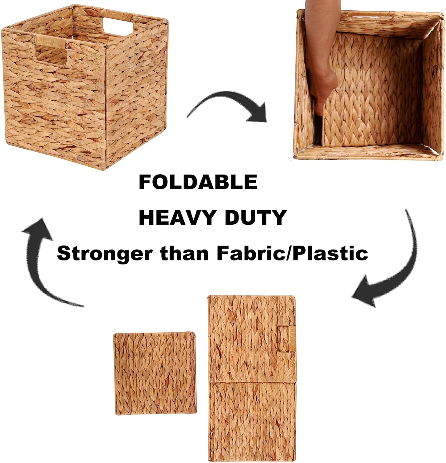 Wicker Storage Cubes Wicker Storage Baskets Rectangular Laundry Organizer Totes for Shelves,Foldable Handwoven Water Hyacinth Storage Baskets for Organizing Set of 2 Pcs,11x11x11inch