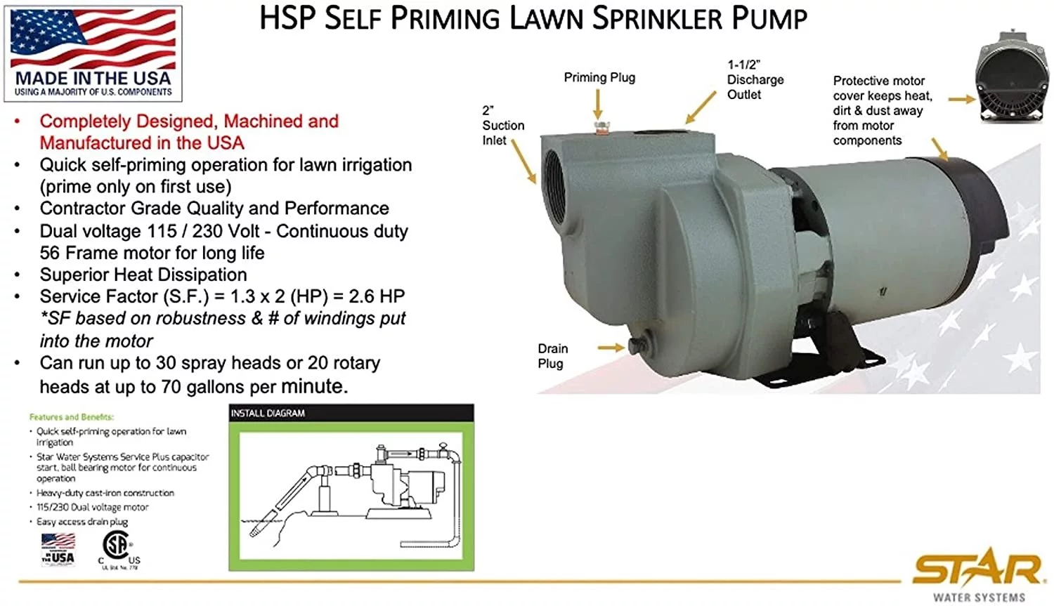 Star HSP20P1 2 HP Self Priming Lawn Sprinkler Irrigation Pump, Rugged Cast Iron, 78 GPM, Made in the USA using a Majority of US Content
