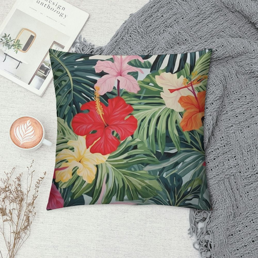 GOSMITH  Hawaii Throw Pillow Cover Retro Tropical Hibiscus Flowers Leaves Green Plants Summer Decor Lumbar Pillow Case Cushion for Sofa Couch Bed Standard Queen