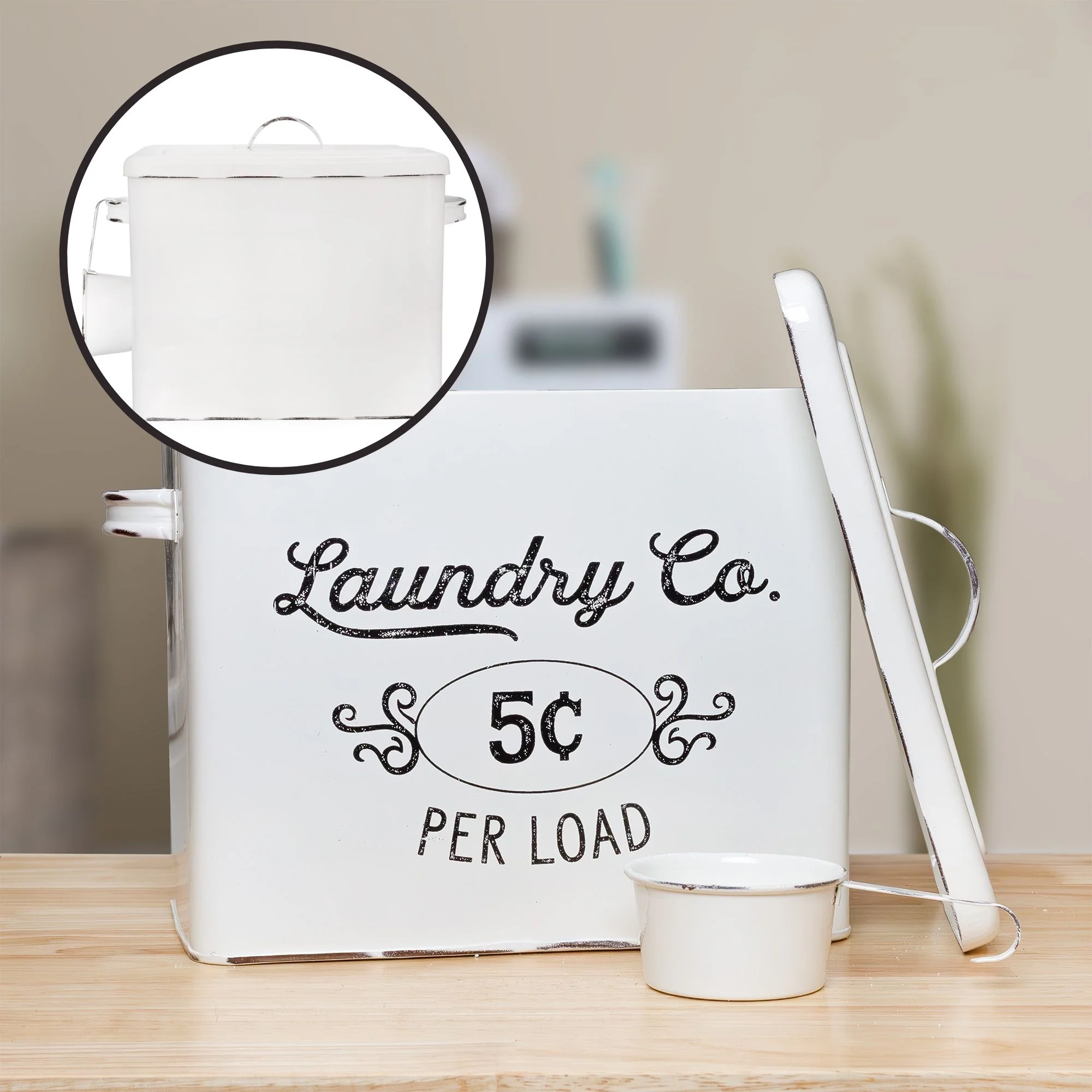 AuldHome Farmhouse Laundry Powder Container, White Enamelware Detergent Bin with Scoop