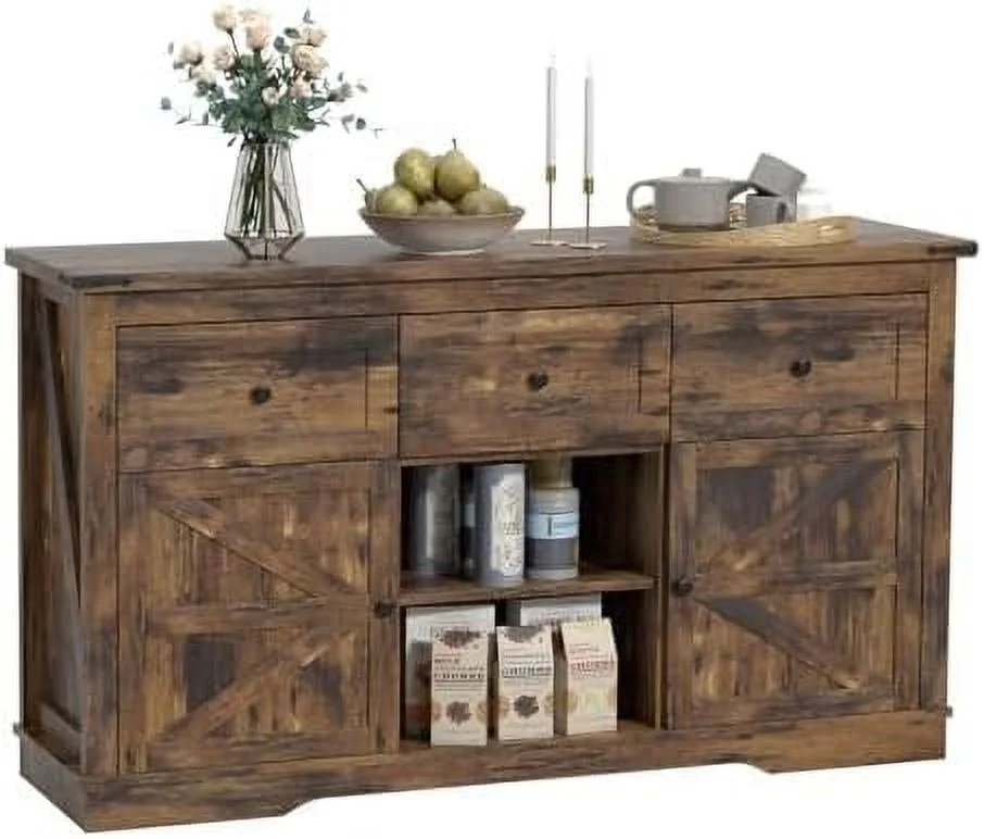 TJCGDTY Farmhouse Buffet 3 Drawers Cabinet with   Morden Barn Doors  Cabinets with Drawers and Shelves  Coffee  Cabinet for Kitchen  Dining Room  Living Room  Brown