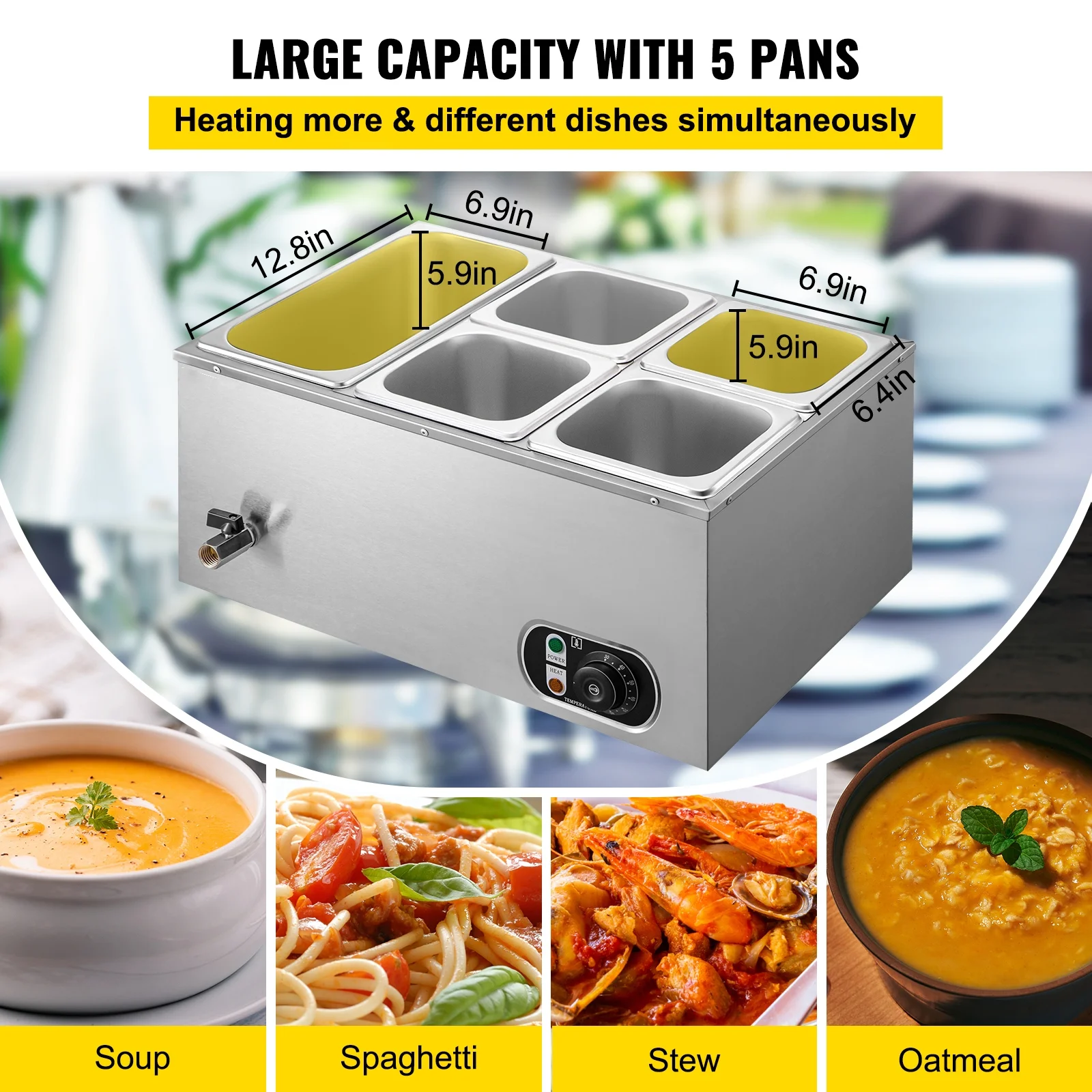 BENTISM Commercial Food Warmer Bain Marie 5-Pan 24Qt Buffet Food Warmer Stainless Steel