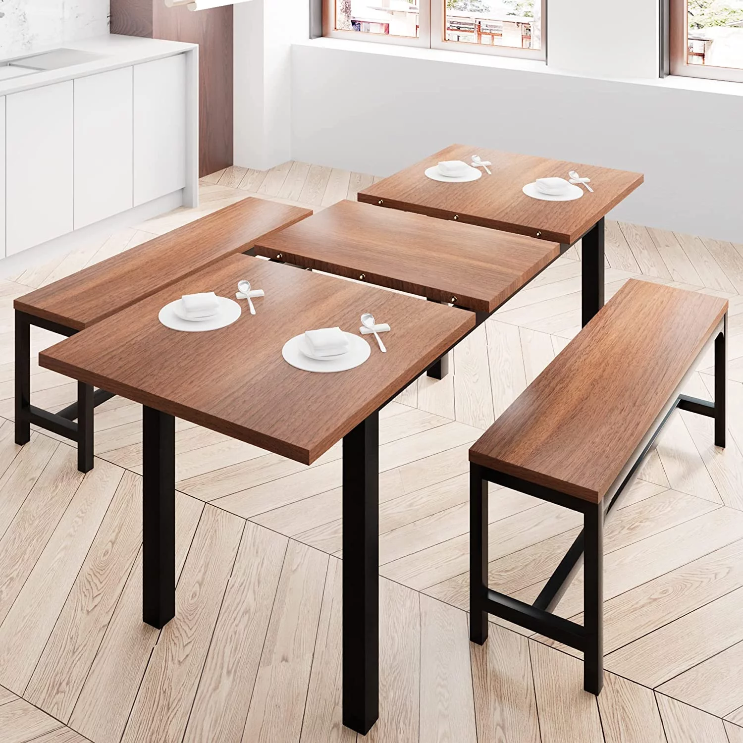 3-Piece Dining Table Set for 6-8 People, 63'' Extendable, with Metal Frame and Wood Board, Space Saving Dinette for Dining Room, Laminate Finished, Easy Clean, Walnut