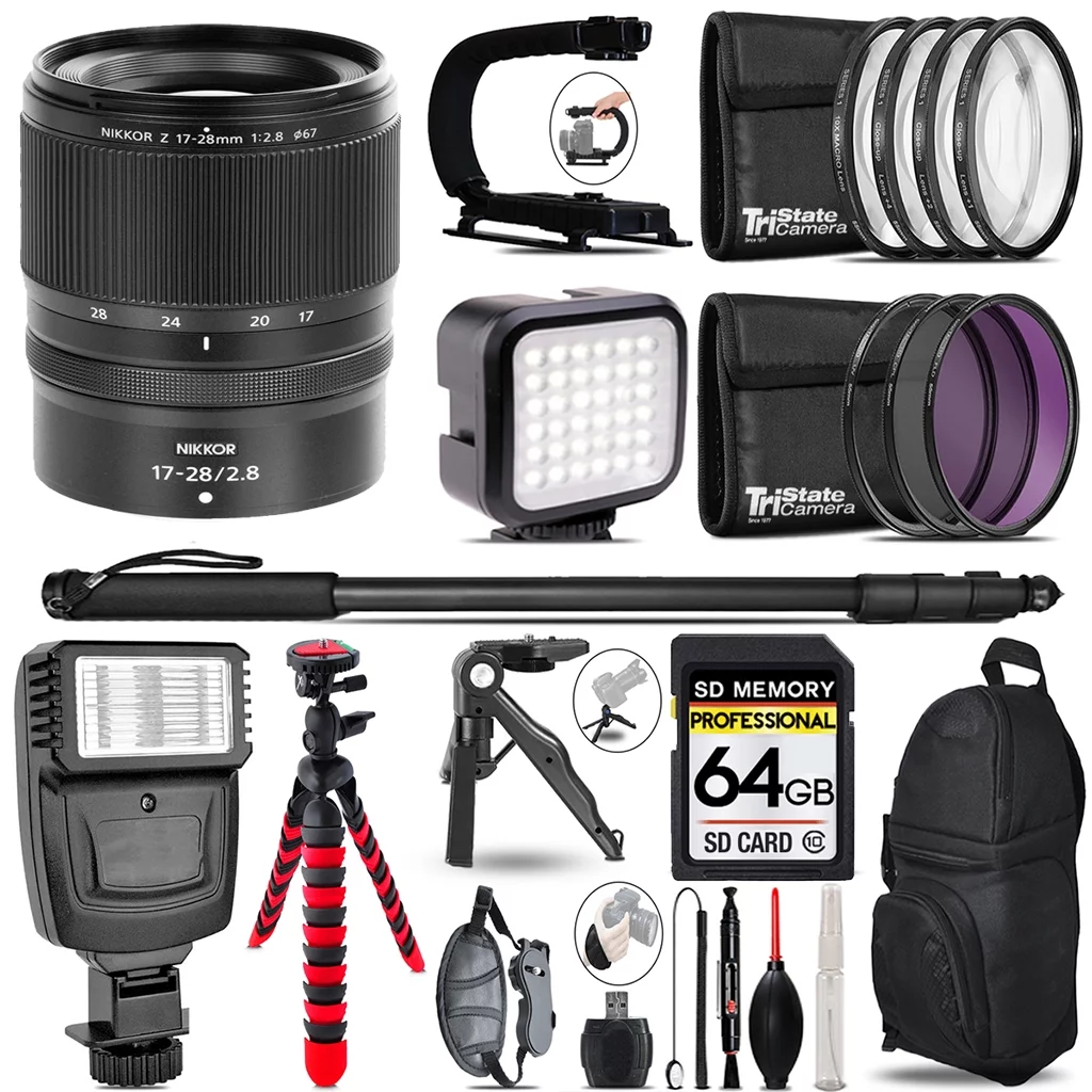 Nikon NIKKOR Z 17-28mm f/2.8  Lens- Video Kit + Slave Flash + Monopad - 64GB Accessory Bundle