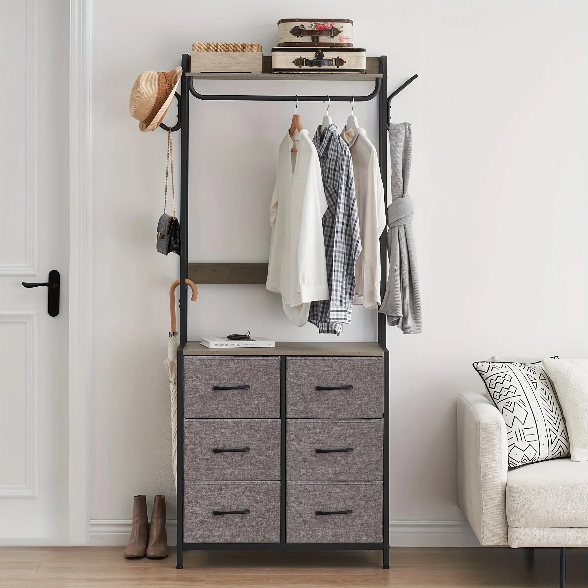 1pc Clothing Rack with 6 Drawers, Freestanding Closet Organizer, Clothes Stand Dresser with Steel Frame & Wooden Top, Tall Closet Storage Organizer, Garment Rack for Hanging Shirts, Dresses, Jackets