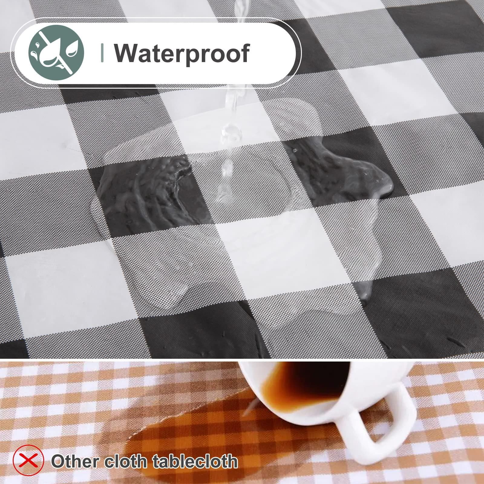 decorUhome Rectangle Tablecloth, Waterproof Vinyl Flannel Backed Table Cloth, Buffalo Wipeable Plastic Table Cover for Kitchen and Outdoor, Black and White, 60