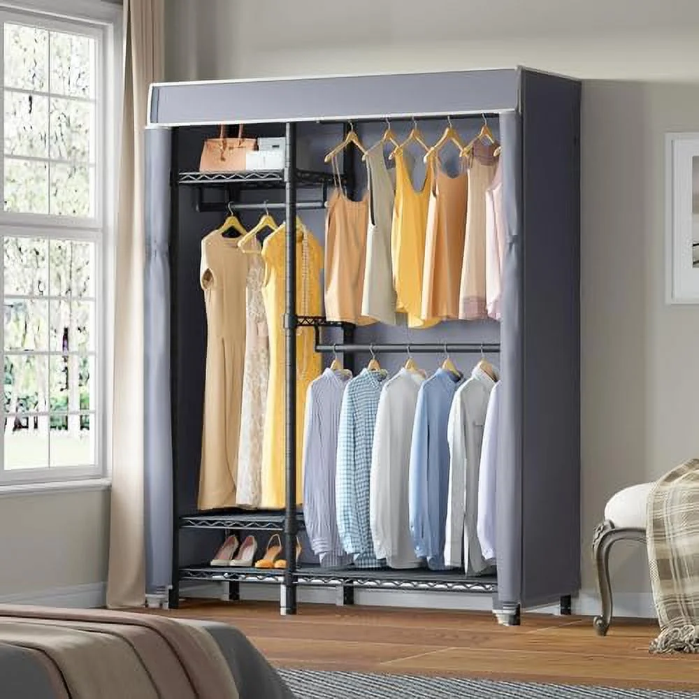 GVJMTKP V2C Covered  with 3 Hanging Rods  White Metal Clothing Rack with Grey Oxford Fabric Cover Cover  Portable Closet Rack Free Standing Closet Wardrobe for Bedroom  Max Load 700LBS