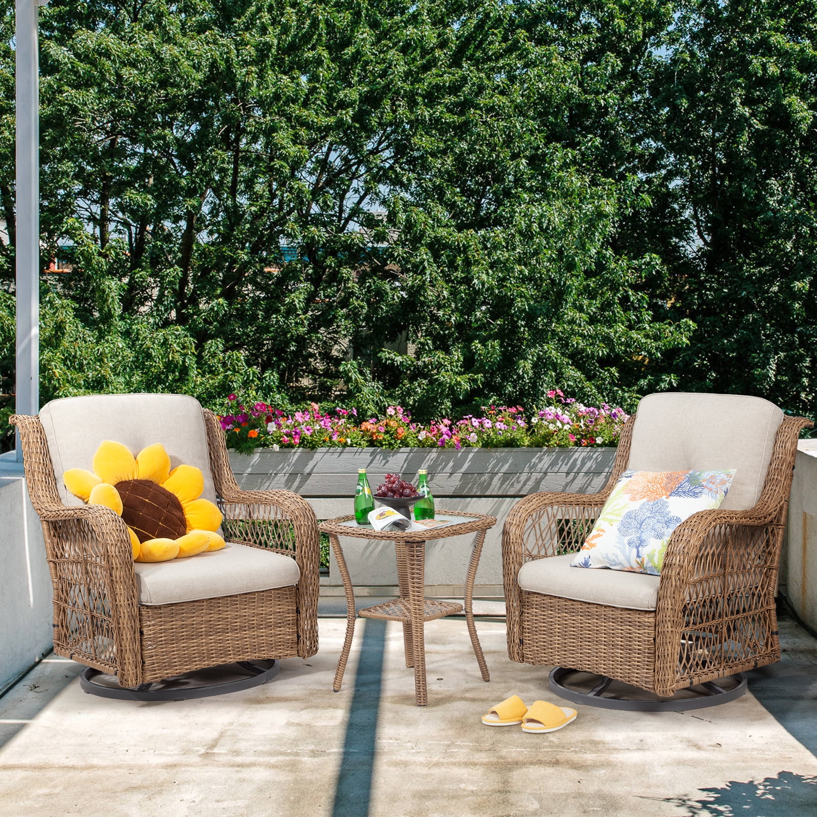 Meetleisure 3-Piece Outdoor Steel And Wicker Swivel Rocker Patio Chairs; Beige