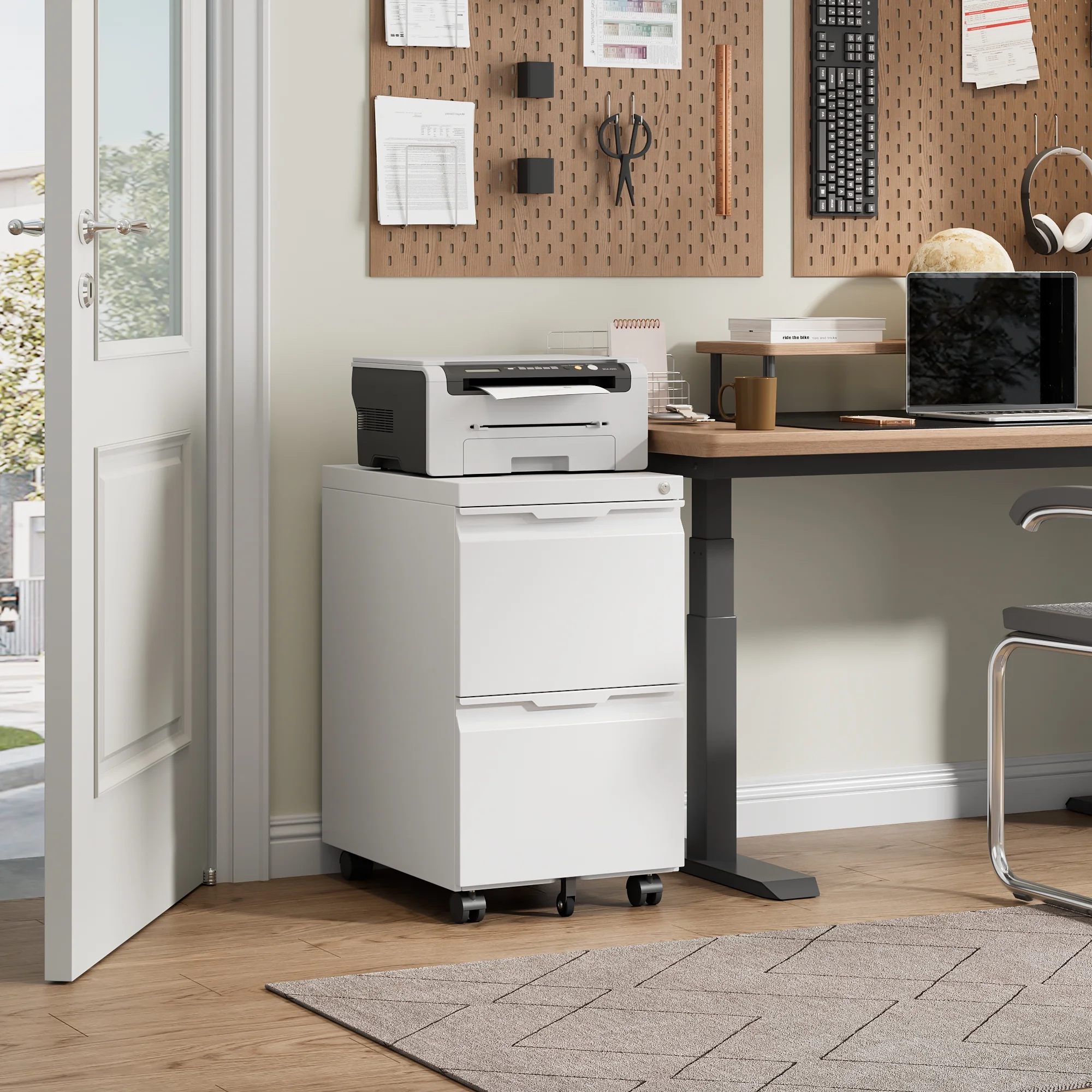 2 Drawer File Cabinet on Wheels, Mobile File Cabinet with Lock for Letter/Legal/A4 File, Metal Rolling File Cabinets for Home Office (White)