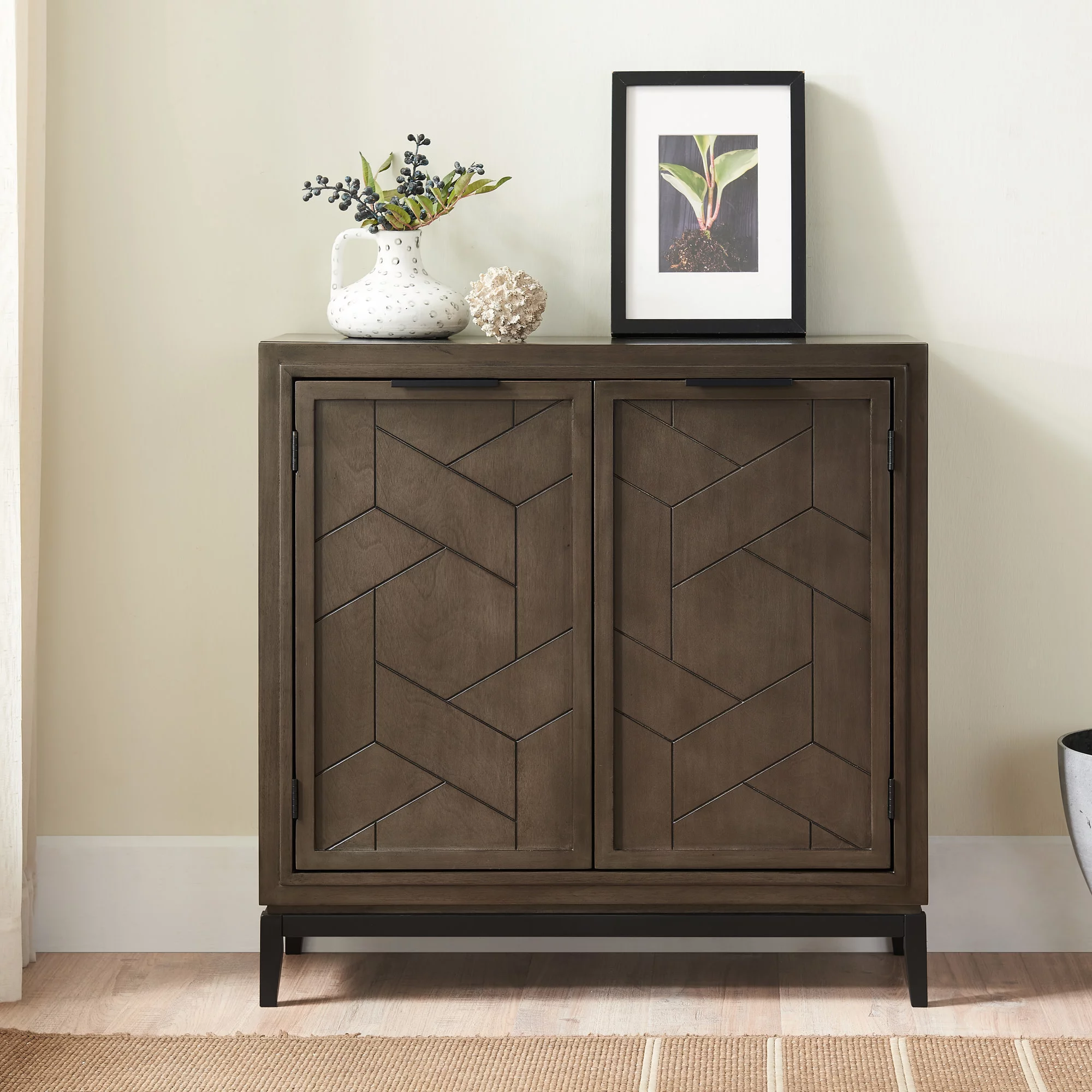 Leick Home 10143-GRBLK Emmett Mixed Metal and Wood Foyer Cabinet, Riverstone/Matte Black