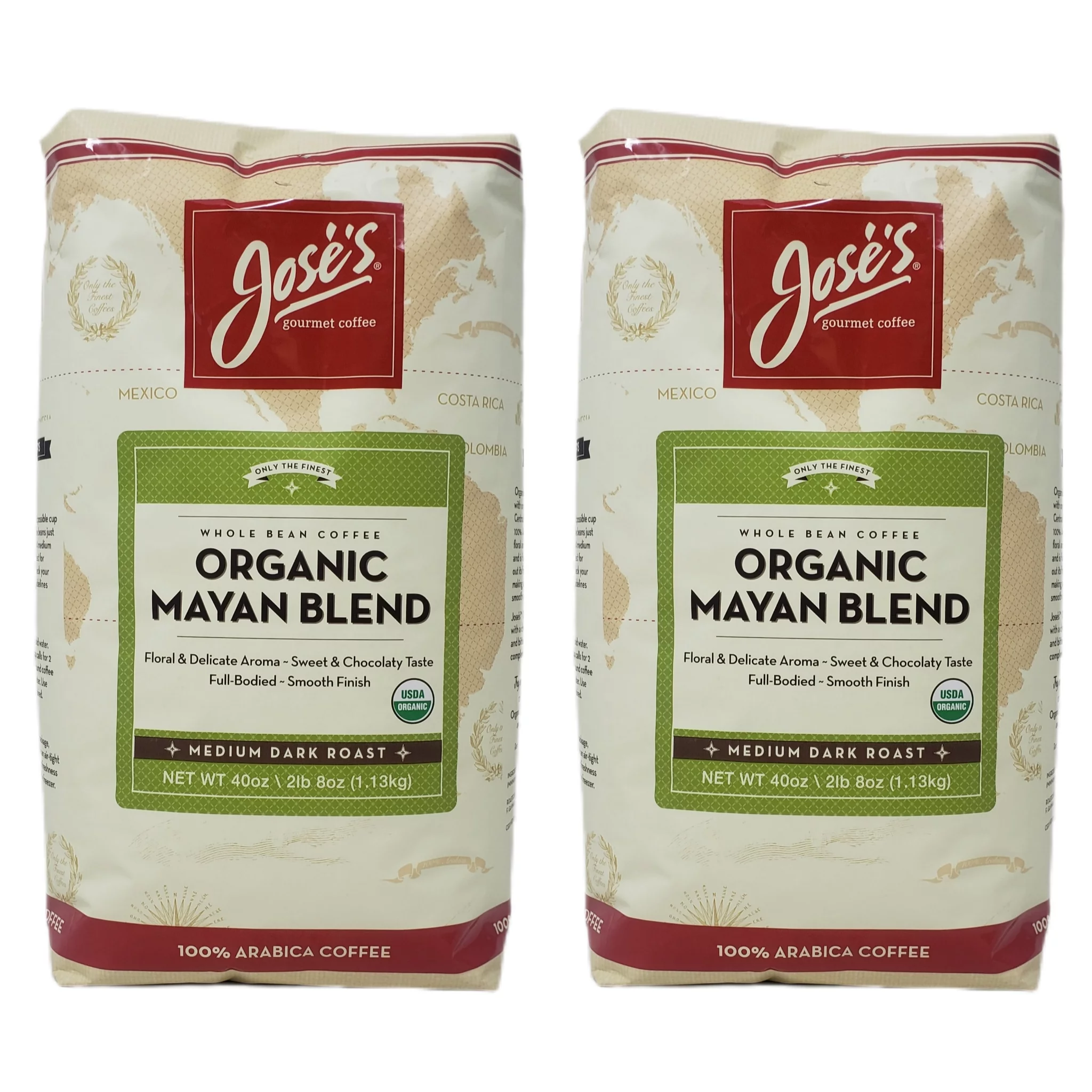 Jose's Whole Bean Coffee Medium Dark Roast - Pack of 2 Bags - 40 oz Per Bag - 80 oz Total - 100% Certified USDA Organic Mayan Blend, 100% Arabica Coffee
