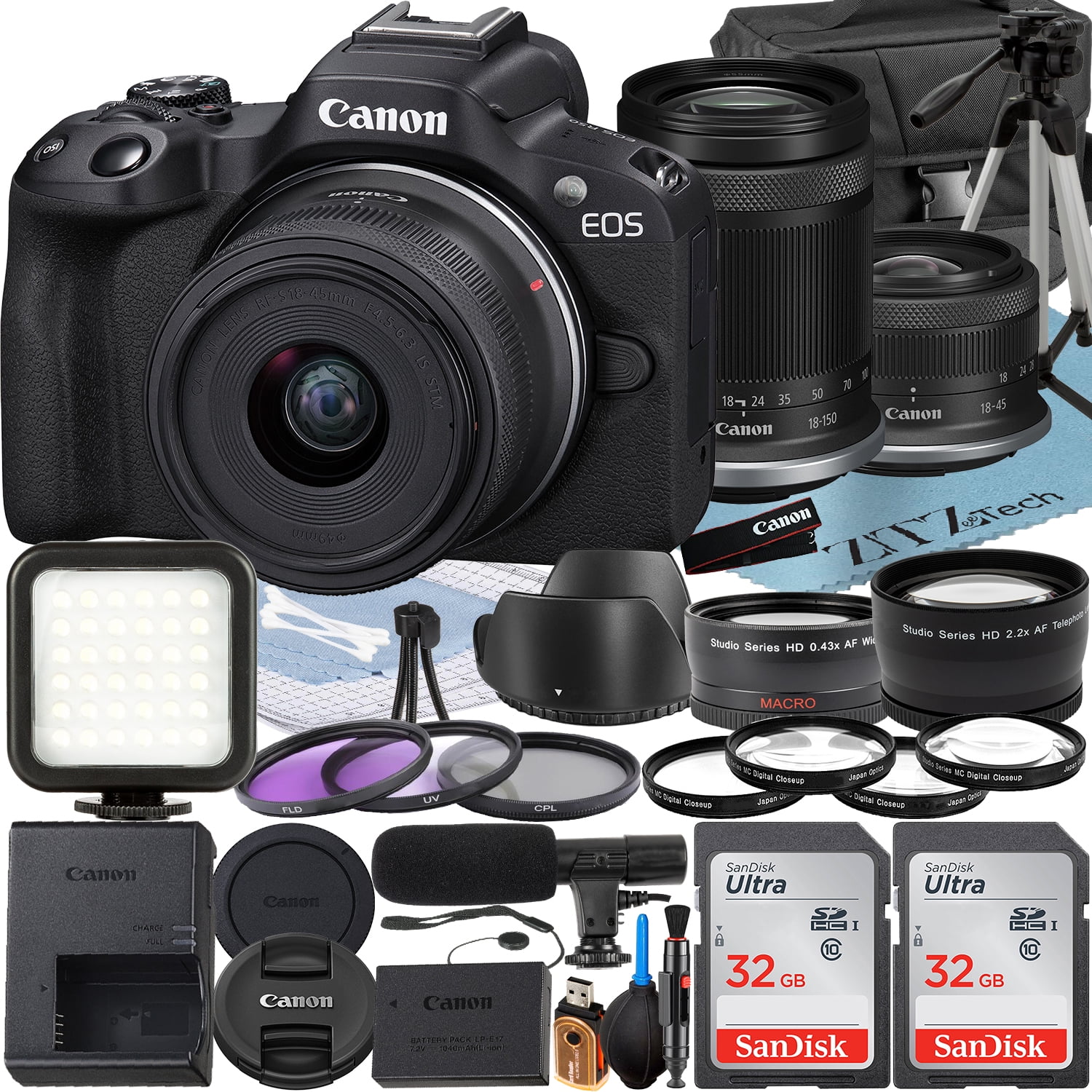 Canon EOS R50 Mirrorless Camera with RF-S 18-45mm + 18-150mm Lens + 2 Pack SanDisk 32GB Memory Card + Case + ZeeTech Accessory Bundle