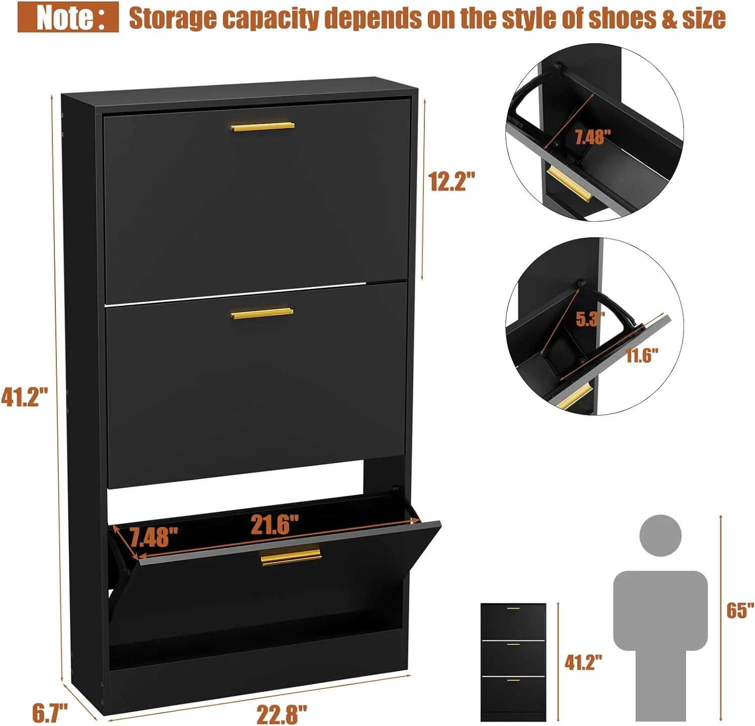 Shoe Cabinet for Entryway, Black Slim Shoe Cabinet with 3 Flip Drawers Narrow Shoe Storage Cabinet Freestanding Shoe Organizer for Entryway, Hallway, Living Room