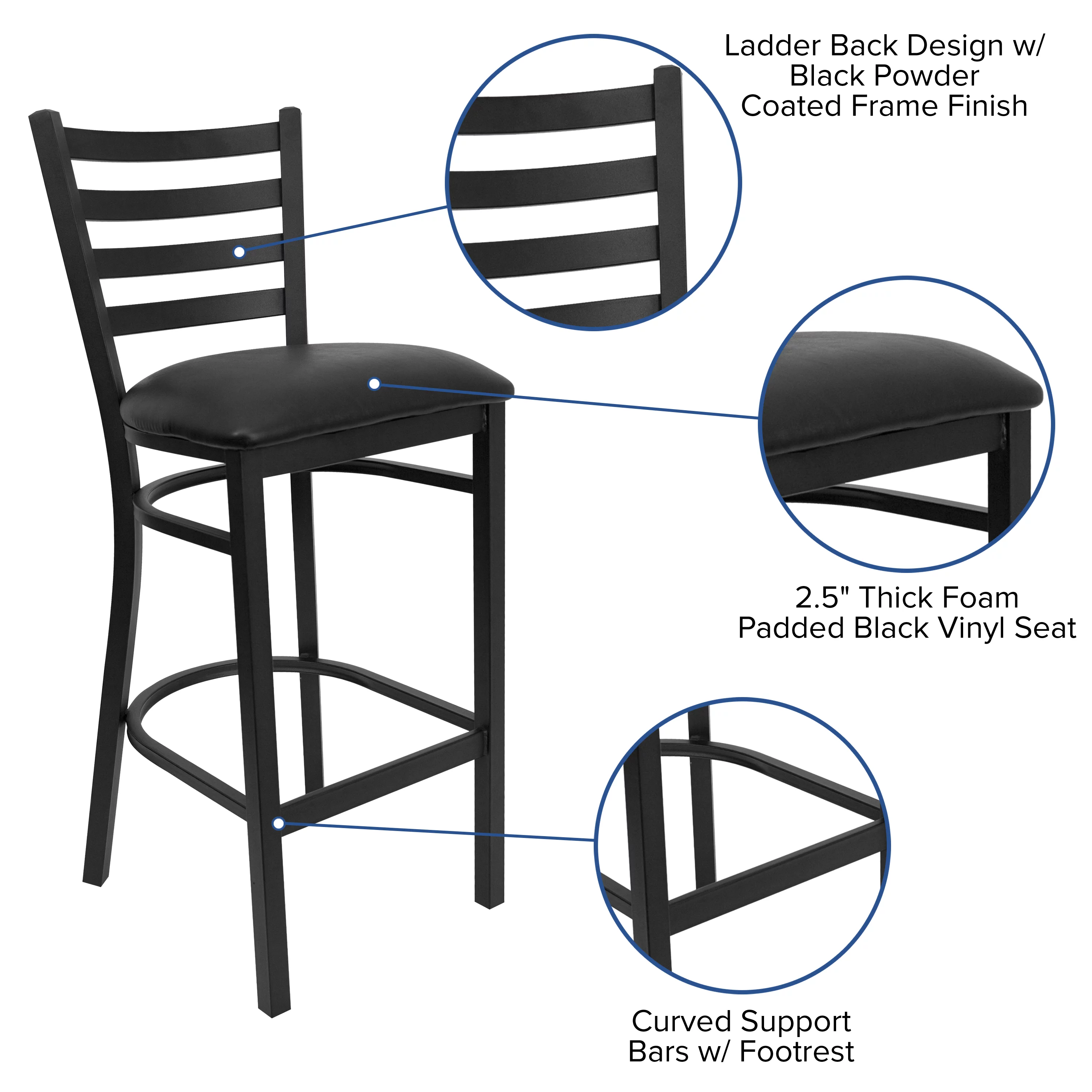 Flash Furniture Hercules Ladder Back Vinyl Barstool, Black, Set of 2