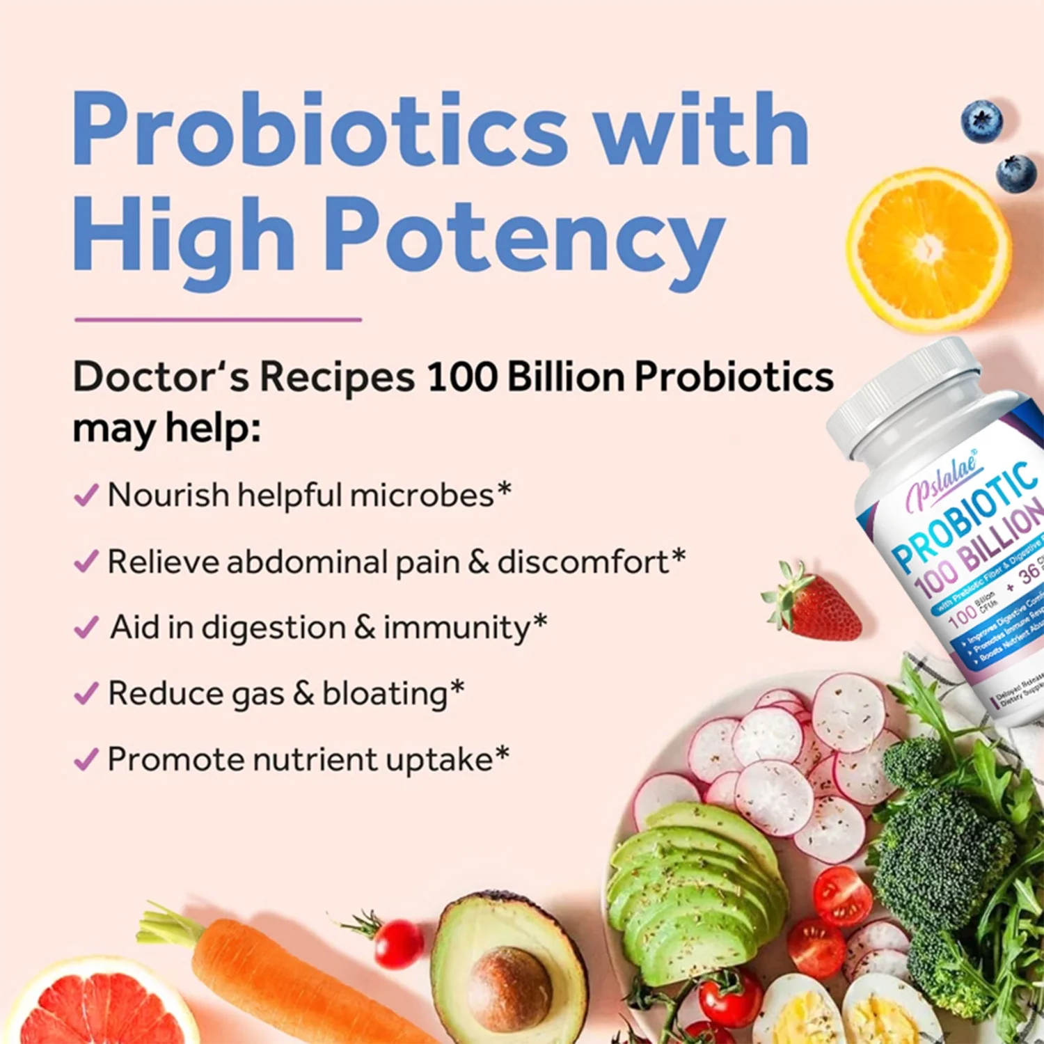 Pslalae Probiotic 100 Billion - Gut Health, Relieve Gas and Bloating - with Prebiotic (30/60/120pcs)