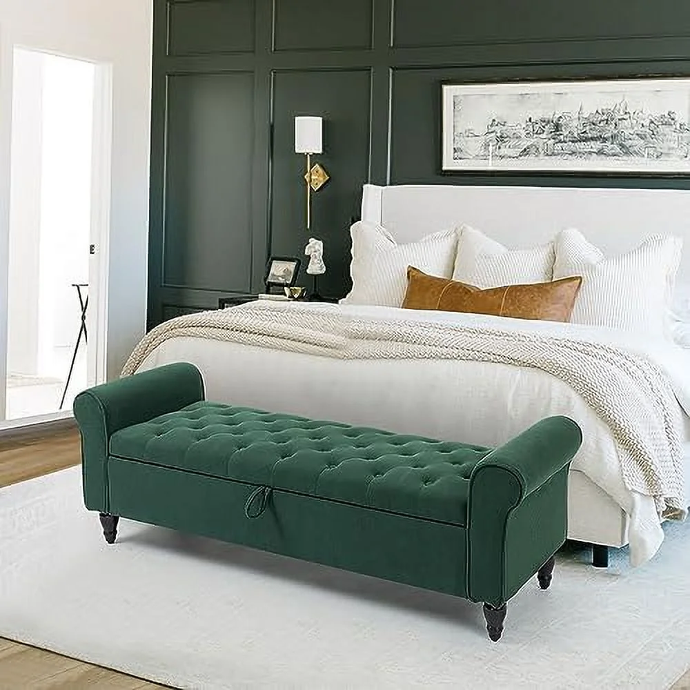 TJCGDTY 63\u2019\u2019  Ottoman  Upholstered Tufted End of Bed  Bench  Rolled Arm Cushioned Ottoman with Wood Legs  Large  Space  Seat for Living Room  Entryway  Bedroom