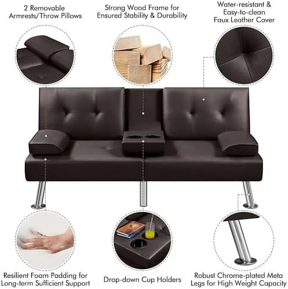 ZFGSUIJN Convertible Sofa Bed Adjustable Couch Sleeper Modern Faux Leather Recliner Reversible Loveseat Folding Daybed Guest Bed  Removable Armrests  Cup Holders  3 Angles  772lb Capacity