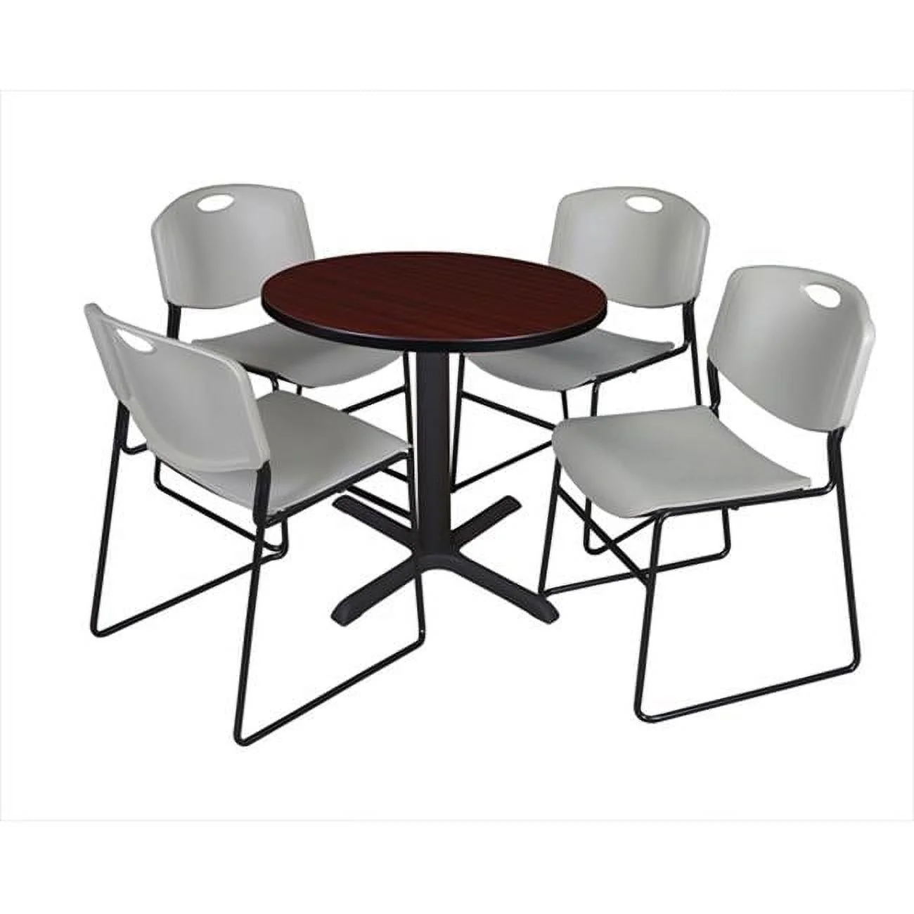 30 In. Round Laminate Table- Mahogany & Cain Base With 4 Grey Zeng Stack Chairs