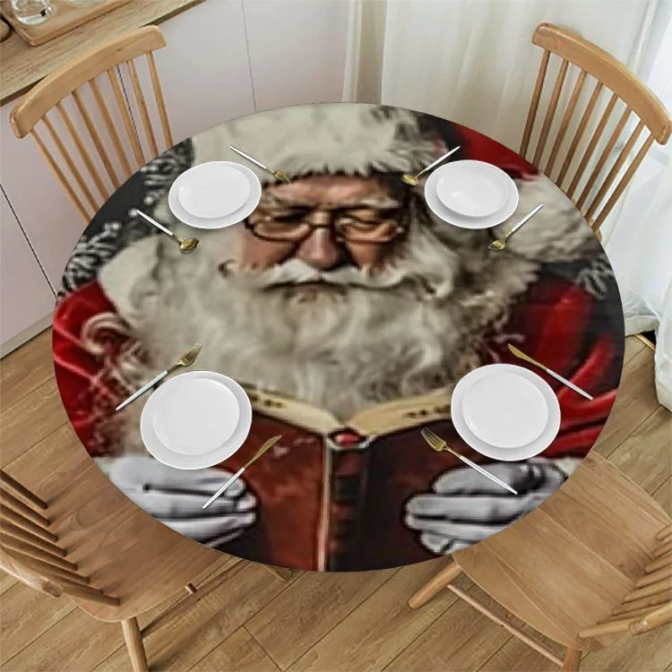 Wllo0ord Round Tablecloth with Elastic Edged,Merry Christmas Black and White Checkered Red and White Plaid Reusable Tables Cover for Kitchen Dining Party Picnic White