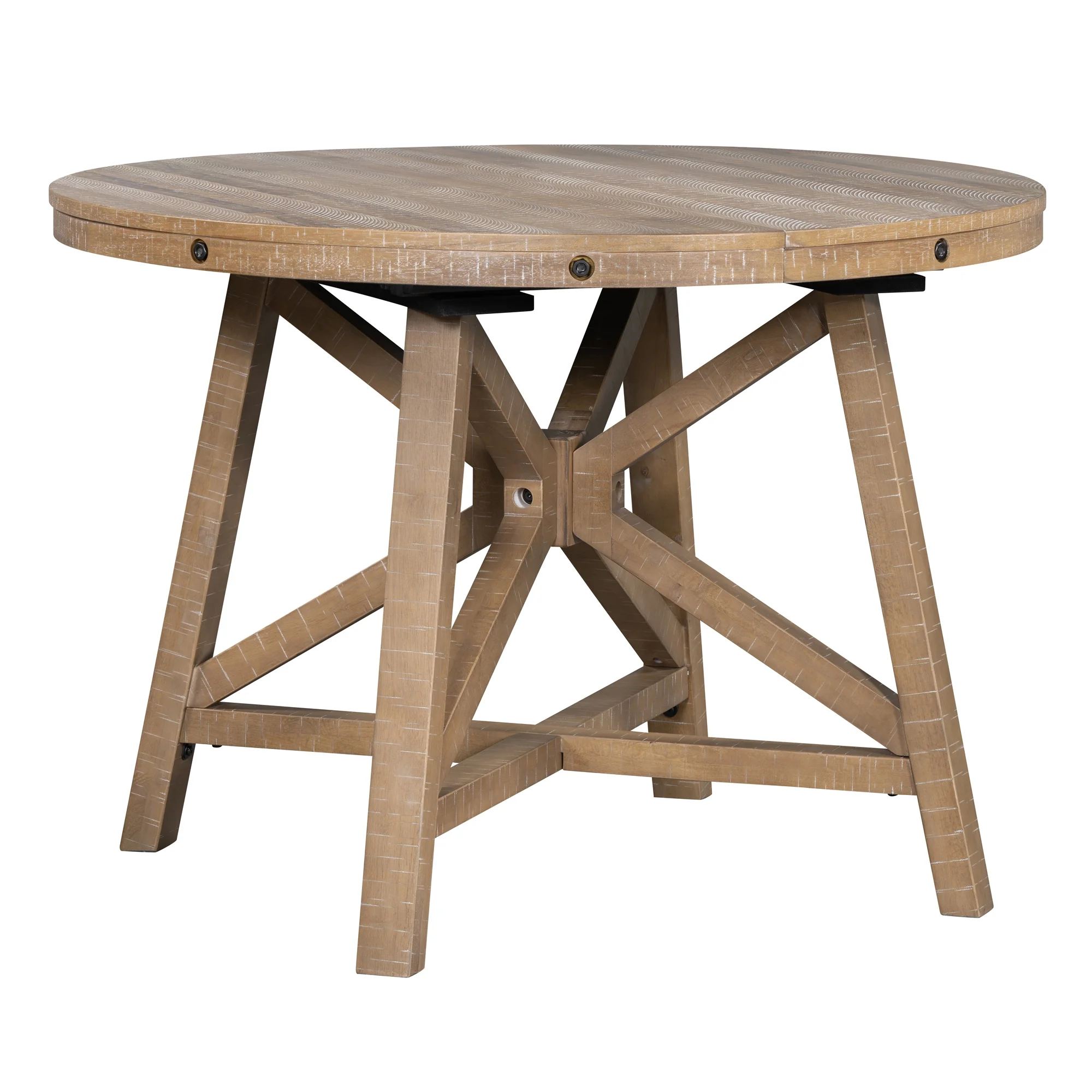 TREXM 5-Piece Retro Dining Set with Extendable Round Table, Removable Middle Leaf, and 4 Upholstered Chairs - Natural Wood Wash