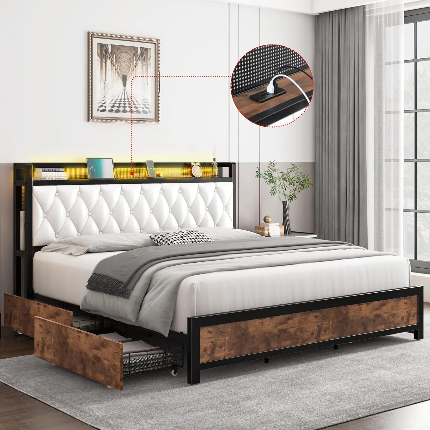 King LED Bed Frame with Pu Leather Storage Headboard & 4 Drawers, Upholstered Platform Bed with 3 USB & 1 Type-C Charging Ports, No Box Spring Needed, Noise Free, Easy Assembly, White