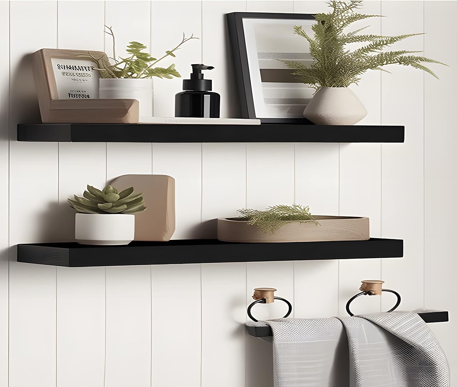 24 Inch Rustic Farmhouse Floating Shelves for Wall Decor Storage Wood Wooden Wall Shelves for Bedroom Bathroom Kitchen Living Room - Black Set of 4