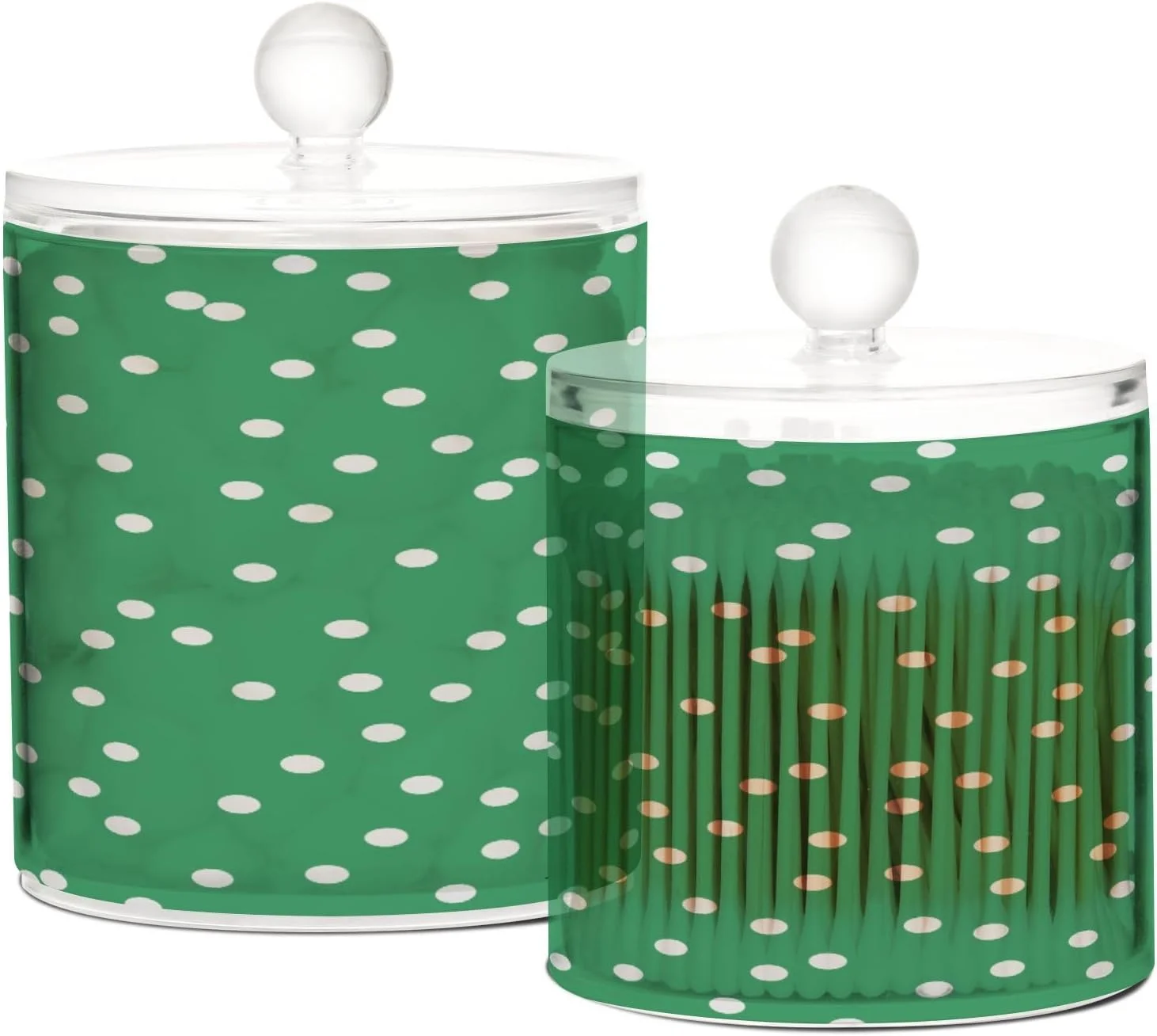 Bestwell 2PCS Qtip Holder Dispenser with Lids Green Dots Apothecary Jars Clear Plastic Storage Containers Bathroom Vanity Organizer for Tea Coffee Cotton Ball Floss
