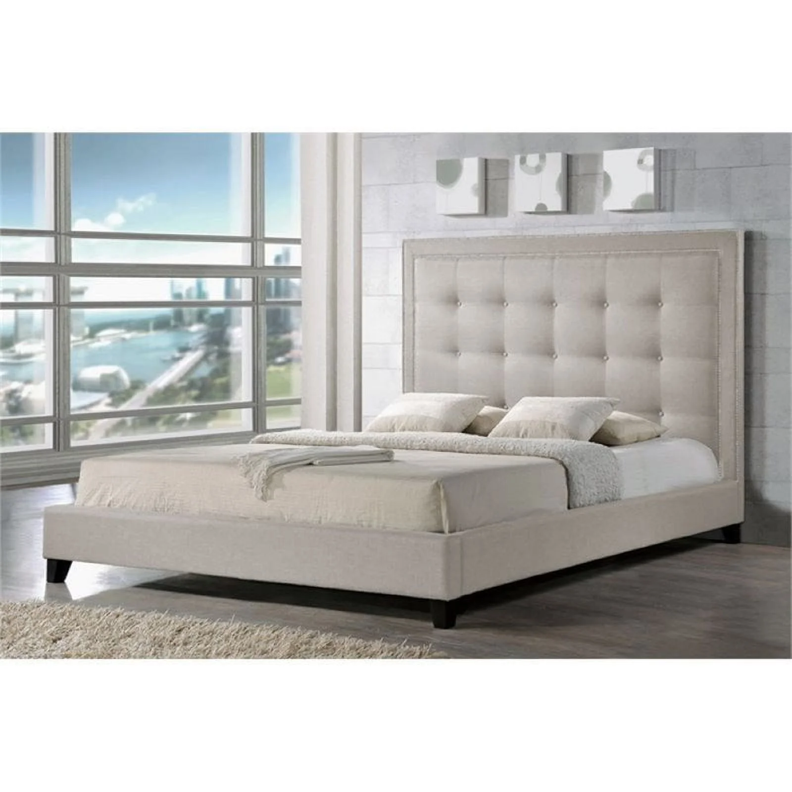 Atlin Designs Queen Tufted Platform Bed in Light Beige