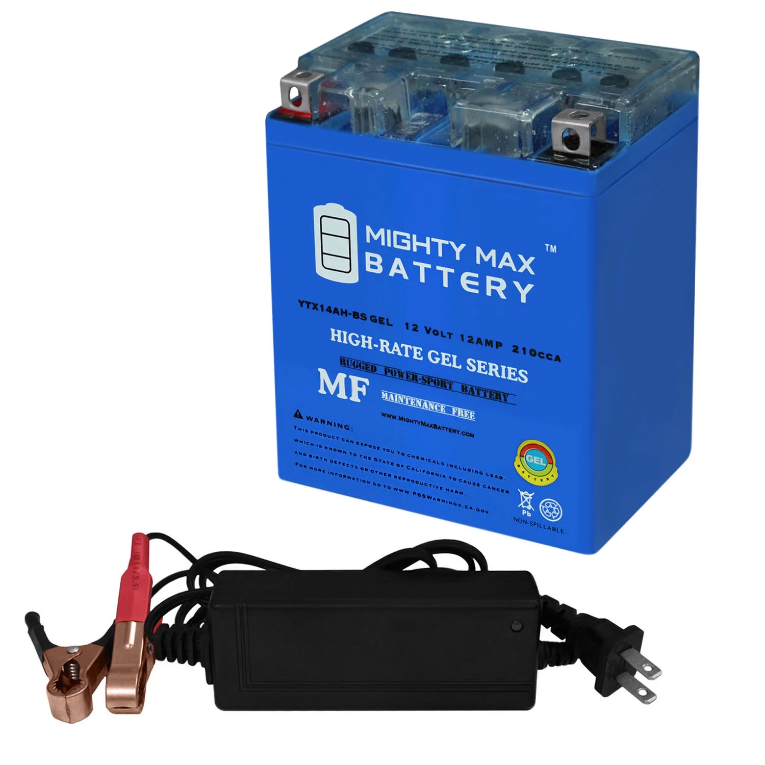 YTX14AH GEL Battery Replaces ACDelco ATX14AHBS + 12V 2Amp Charger