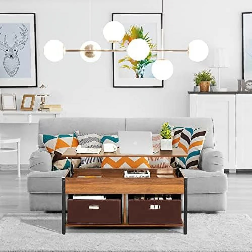 TJCGDTY Lift Top Coffee Table with Drawers  Multifunctional Pop-up Central Table with Lifting Tabletop  Concealed Compartment & 2 Folding Fabric Drawers  Home Living Room  (Rustic Bro