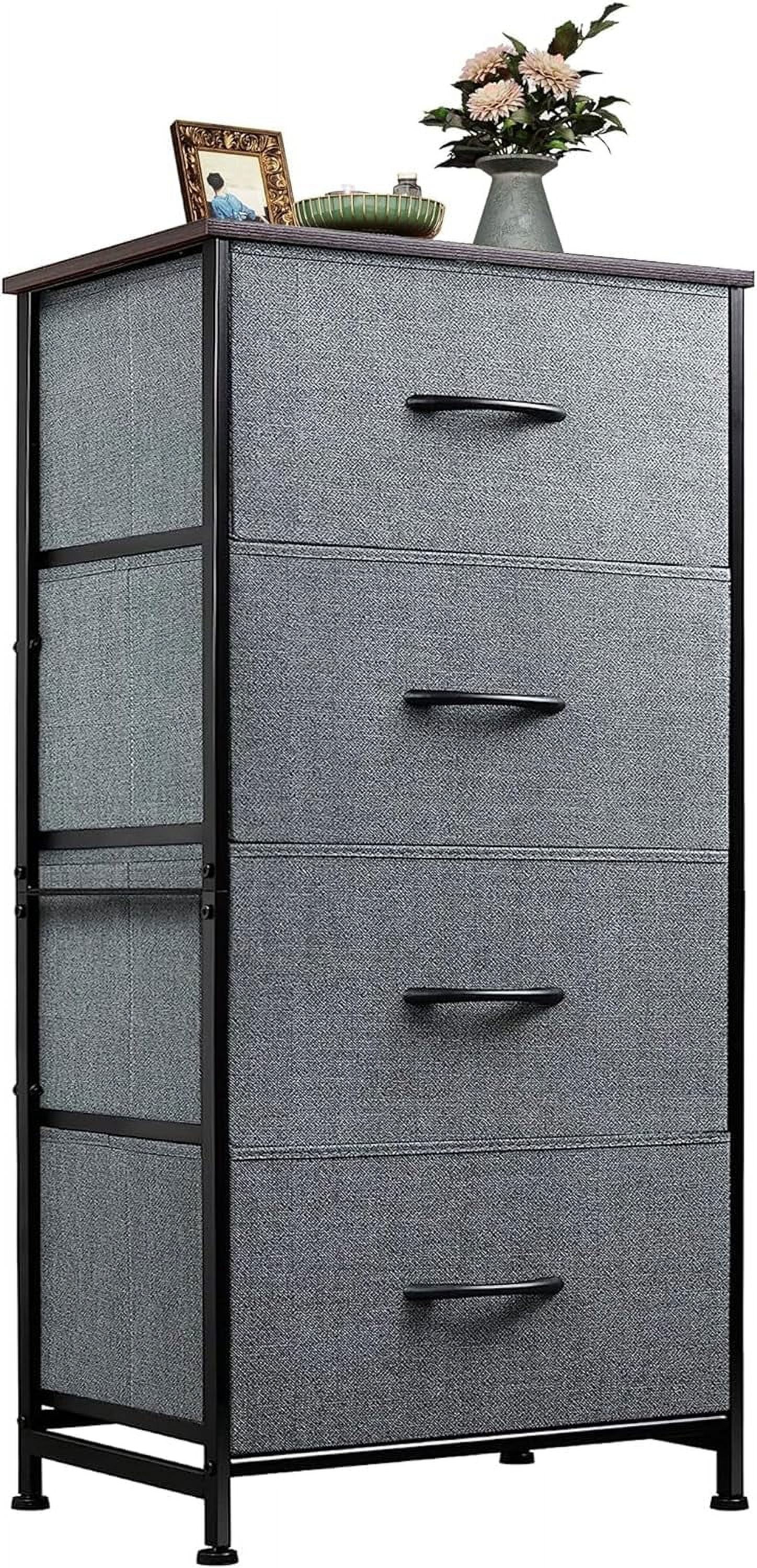 Dresser with 4 Drawers, Storage Tower, Organizer Unit, Fabric Dresser for Bedroom, Hallway, Entryway, Closets, Sturdy Steel Frame, Wood Top, Easy Pull Handle, Dark Grey