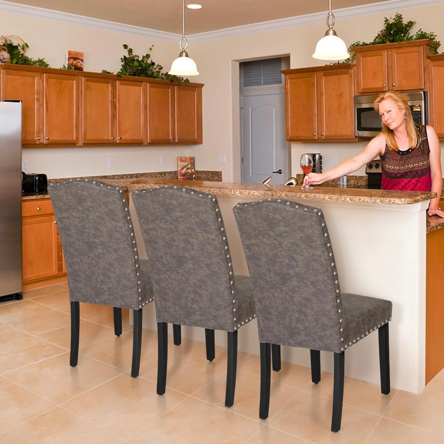 Dining Chairs Set Of 2, Upholstered Dining Room Chairs, Tufted Kitchen Chairs With Solid Wood Legs And Tall Backrest, Faux Leather Padded Parson Chairs, Grey