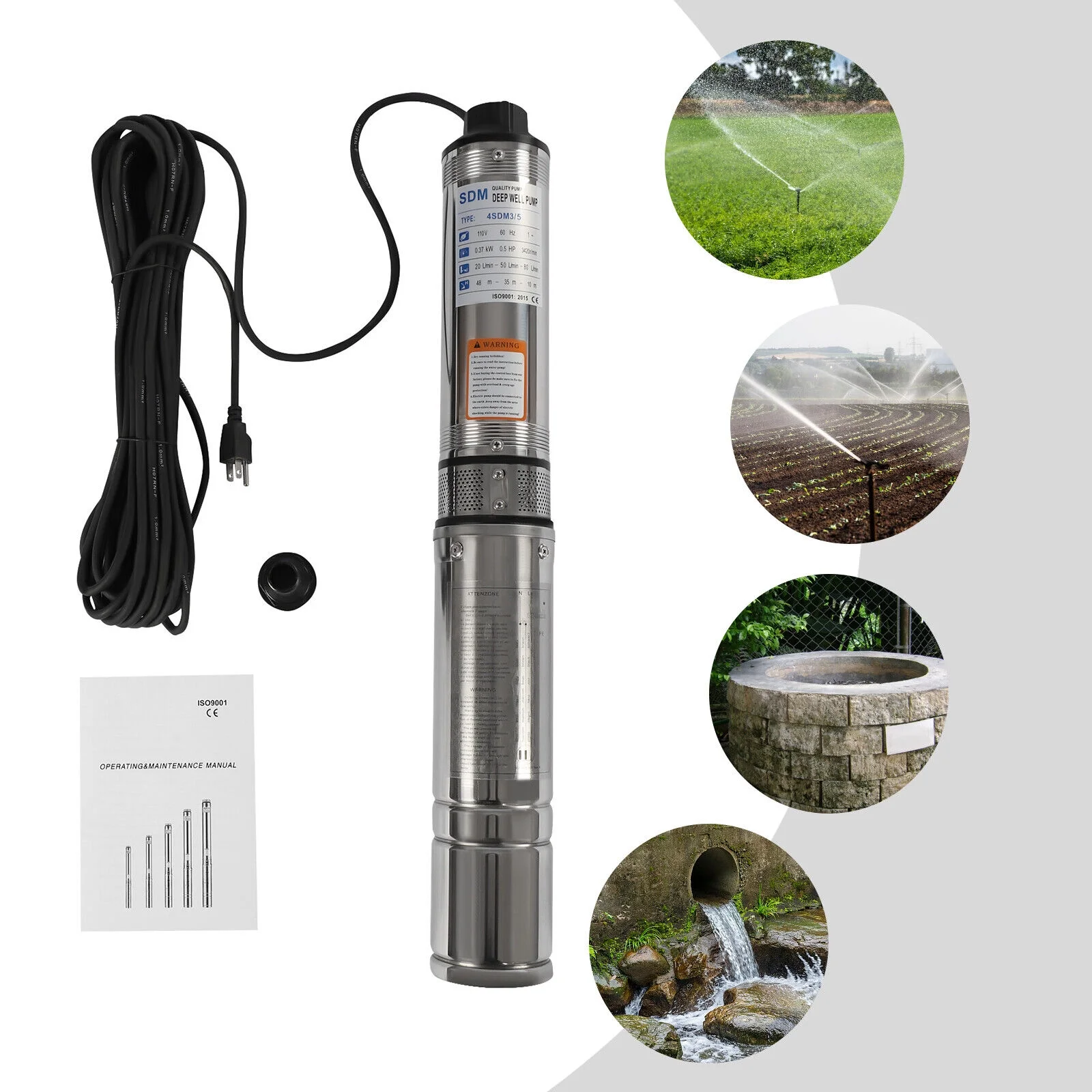 ZhdnBhnos 110V 370W Electric Powered Deep Well Pump 1/2HP 16GPM Submersible Pump Stainless Steel Water Pump