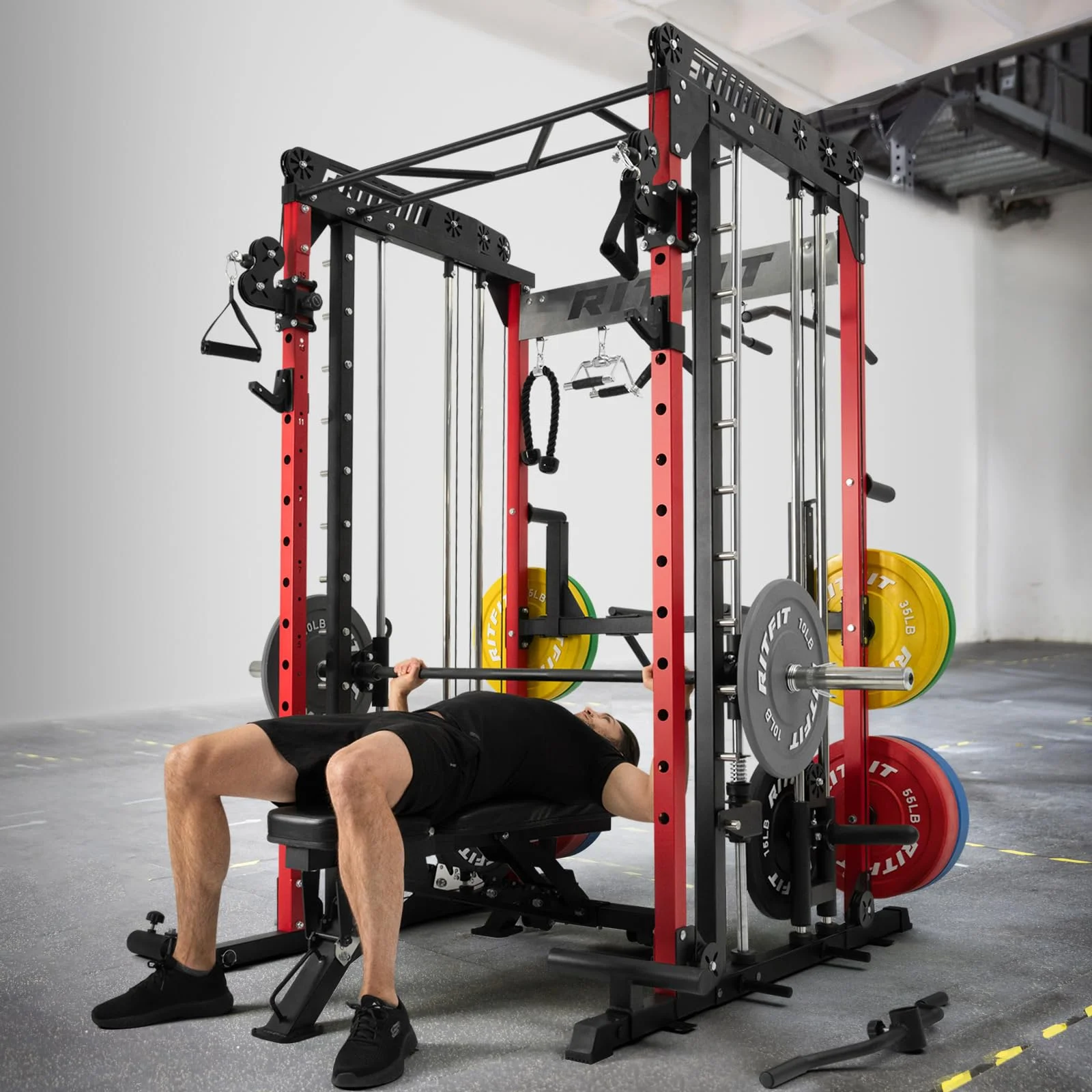 RitFit M1 Smith Machine with Cable Crossover System, Multi-function Squat Rack Power Cage for Home Gym, Power Rack and Packages