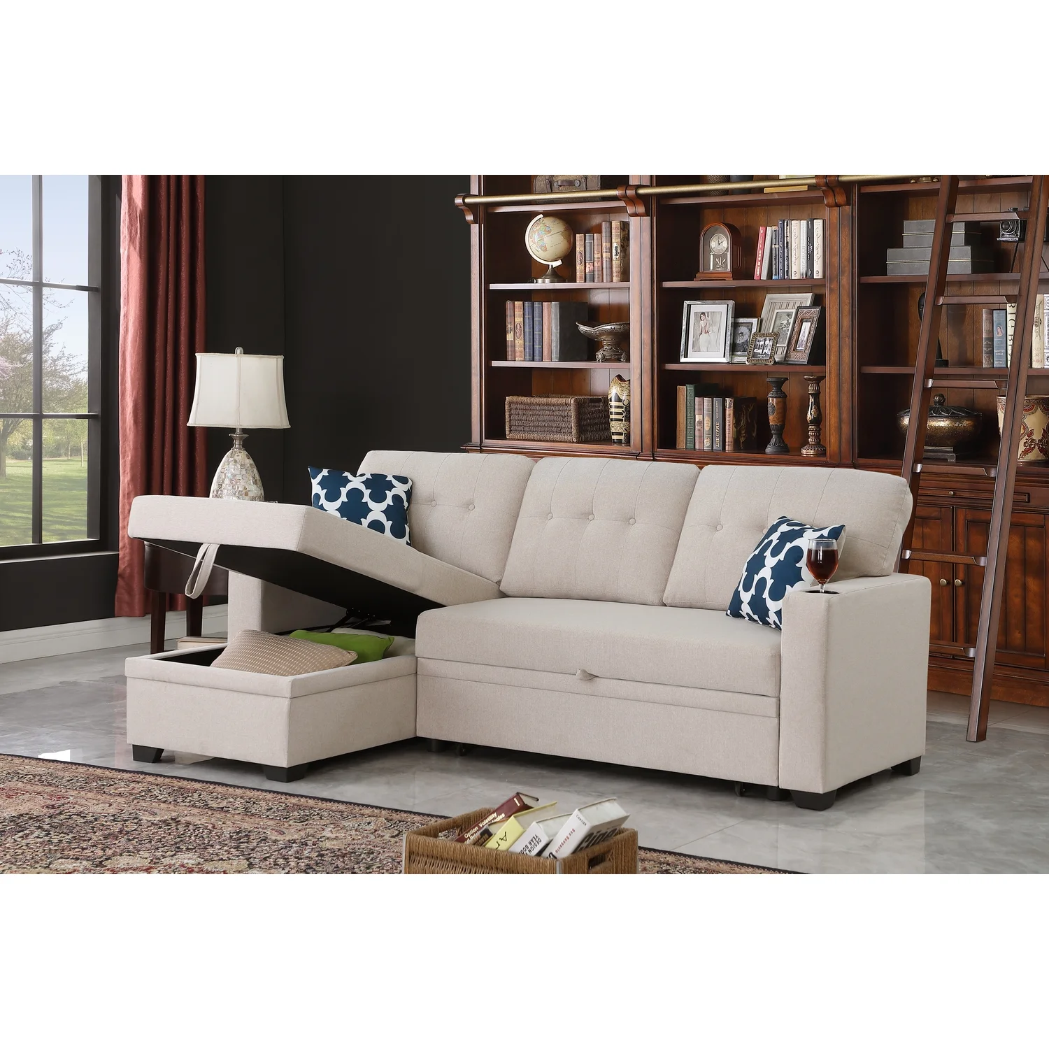 Devion Furniture Reversible Fabric Sleeper Sofa Bed & Chaise with Cup Holder-Beige