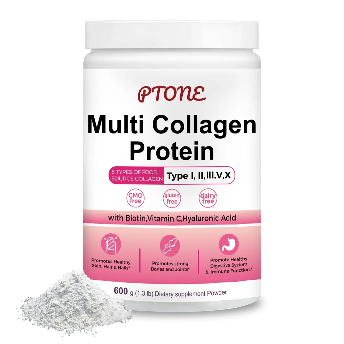 PTONE Multi Collagen Peptides Powder,  Hydrolyzed Protein Peptides (Type I,II,III,V,X), with Vitamin C & Hyaluronic Acid & Biotin, For Hair, Skin and Nails
