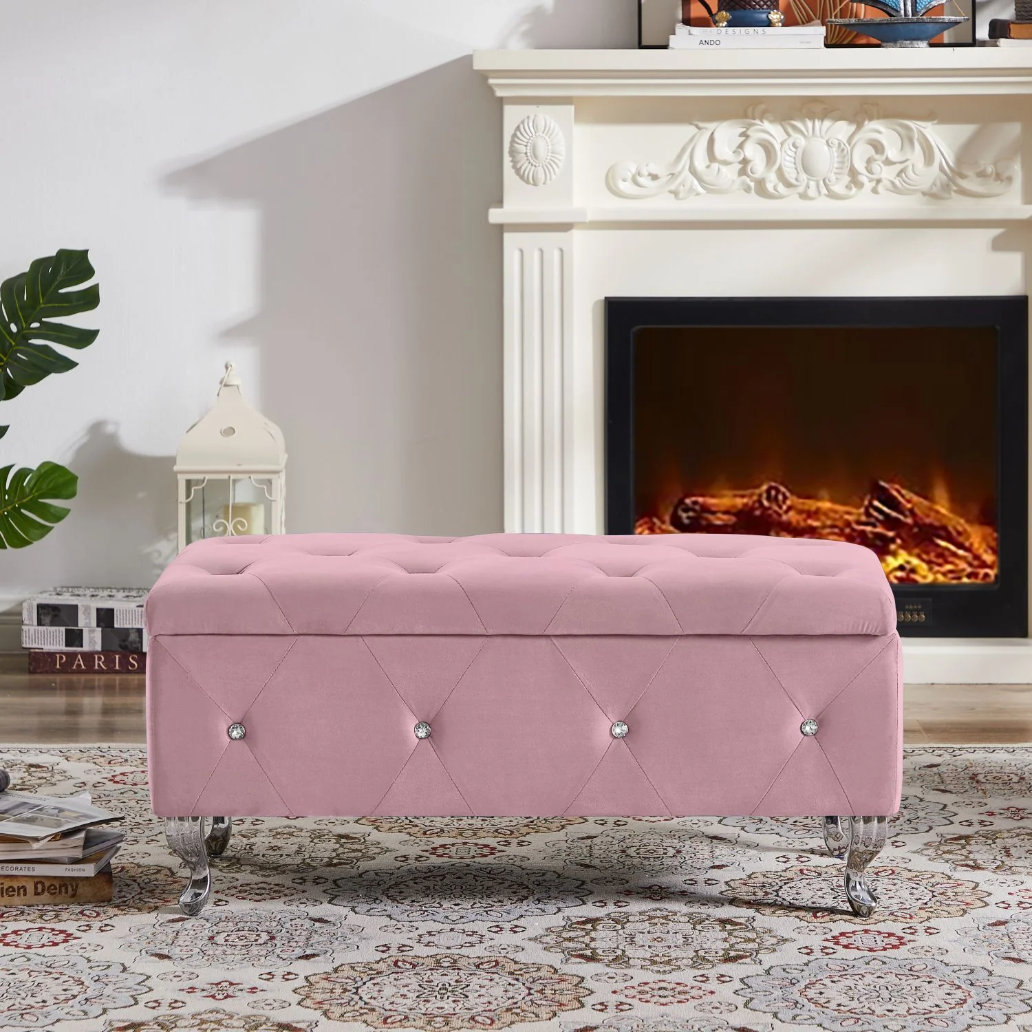 Storage Ottoman Bench, Bedroom End Bench,Velvet Upholstered Storage Bench with Button,Storage Ottoman with Safety Hinge,Flip top,metal leg with footpad,Perfect for Living Room,Entryway,Bedroom,Pink