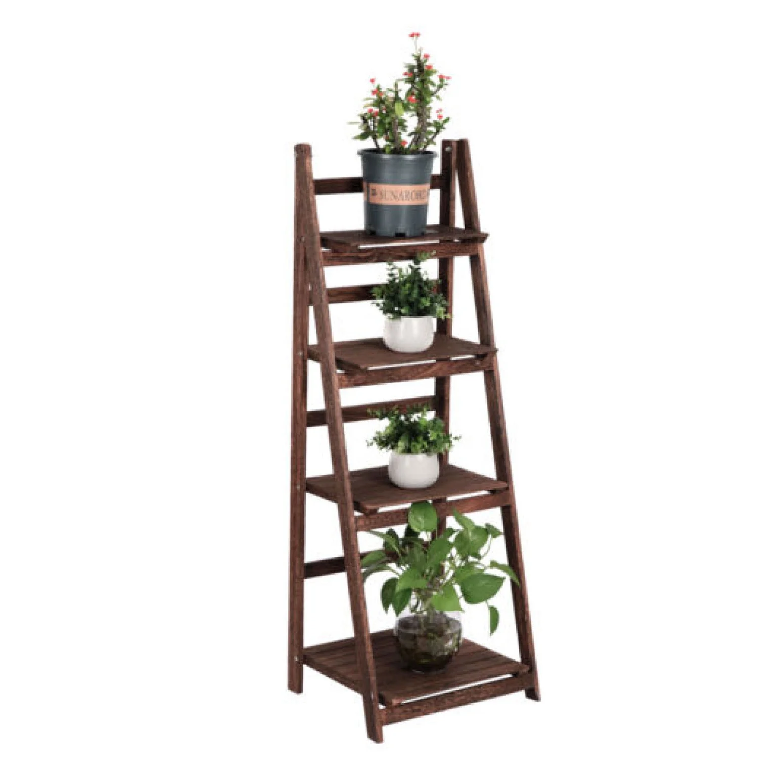 Generic 4 Tier Flower Plant Ladder Shelf Stand Storage Rack Vintage Foldable Bookshelf (Brown)