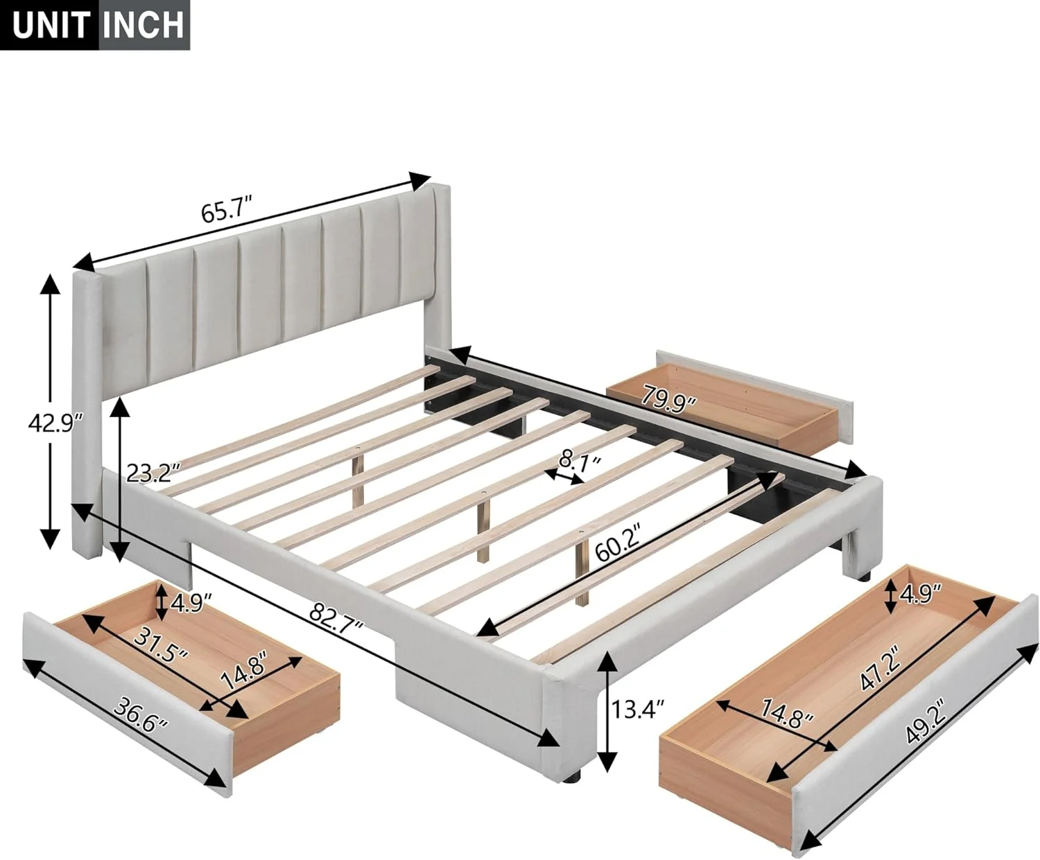 Upholstered Queen Size Bed With 3 Storage Drawers, Queen Platform Bed With Headboard, Linen Fabric Platform Bed With Wooden Slats Support, No Box Spring Needed (Beige)