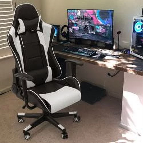 Lacoo High Back Gaming Chair Swivel PU Leather Adjustable Height Racing Computer Chair with Lumber Support and Headrest, White