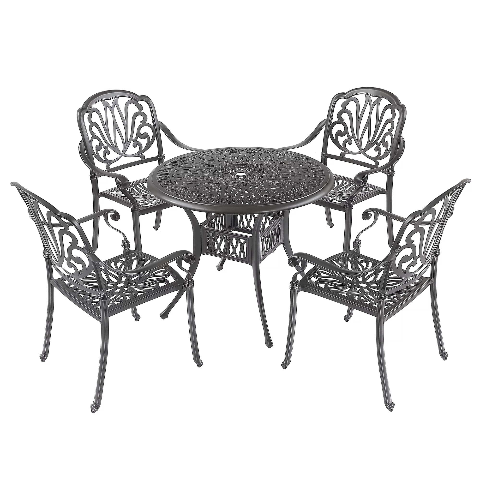 5Pcs Outdoor Furniture Dining Table Set All-Weather Cast Aluminum Patio Furniture Includes 1 Round Table and 4 Chairs with Umbrella Hole for Patio Garden Deck, Lattice Weave Design, Black Color