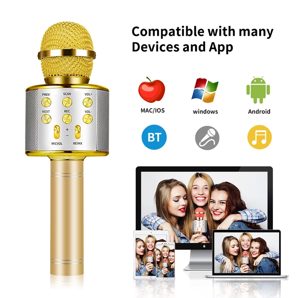 Wireless Bluetooth Karaoke Microphone, Portable Professional Handheld Karaoke Mic Speaker Machine KTV Music Player Singing Recorder for Kids Teens Party Birthday, Gold