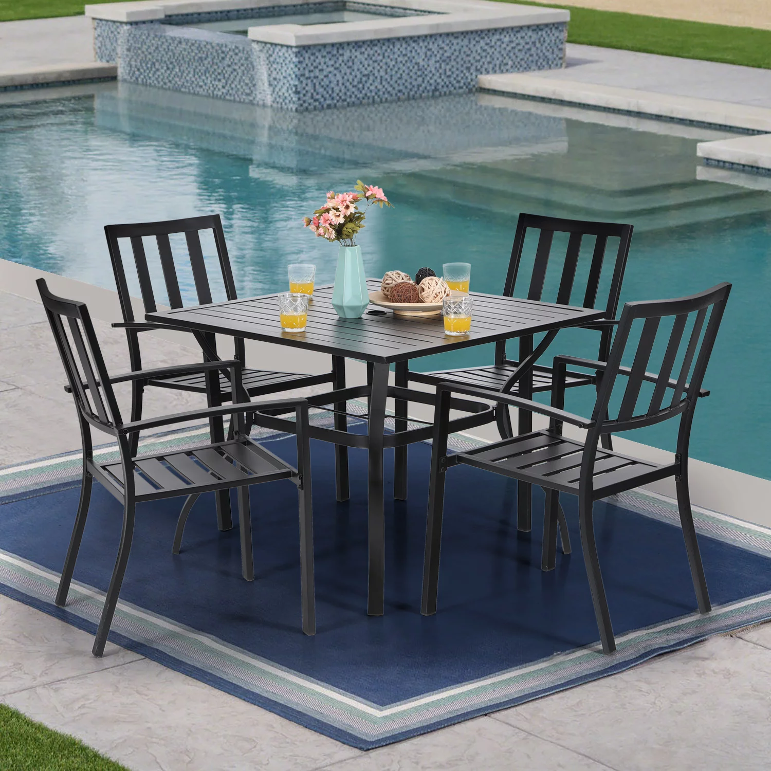 MF Studio 5PCS Metal Patio Dining Sets Outdoor Club Bistro Bar Sets with 1.57 Umbrella Hole, 4PCS Garden Backyard Metal Chairs and Larger Square Patio Table, Steel Slat Frame, Black