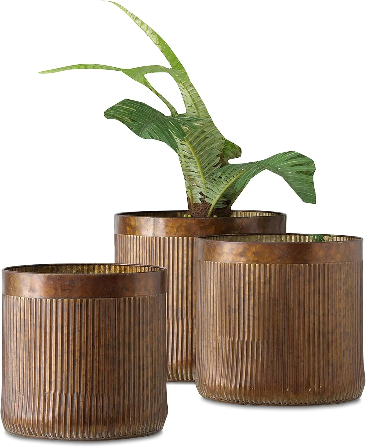 Boho Shabby Style Round Planters, Set of 3, Corrugated Bellies,  Antique Gold Finish, 10.75, 9.75, and 12.25 Inches, Cache Pots