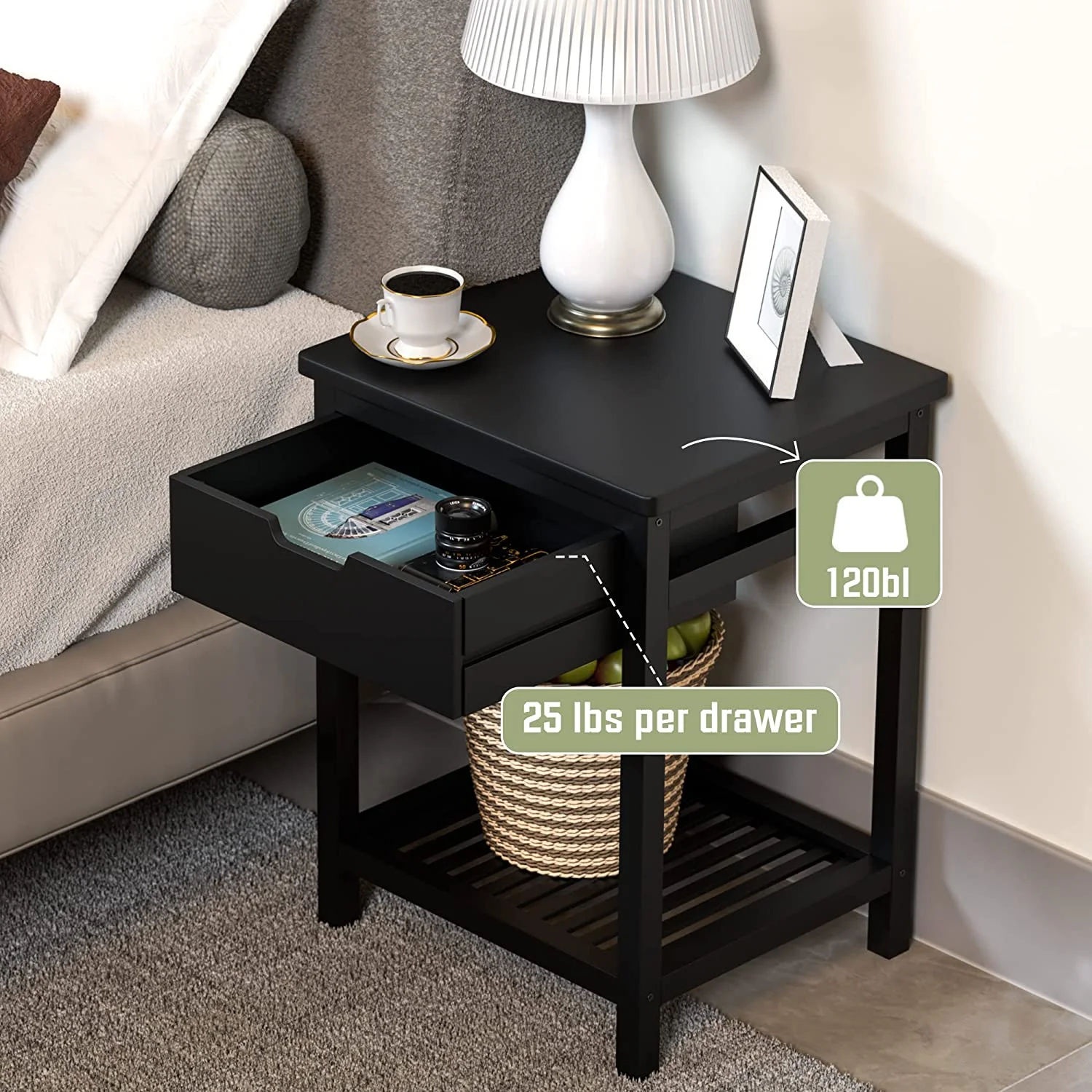 Nightstand with Drawer, Bamboo, Nightstand, Small Cabinet Black-