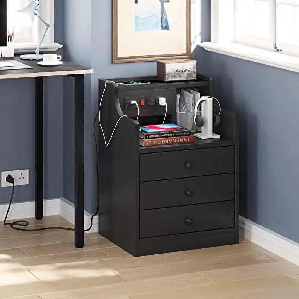 FDSHOIYN Nightstand with Charging Station  Night Stand with Hutch &  Drawers  End Table  Bedroom Grey