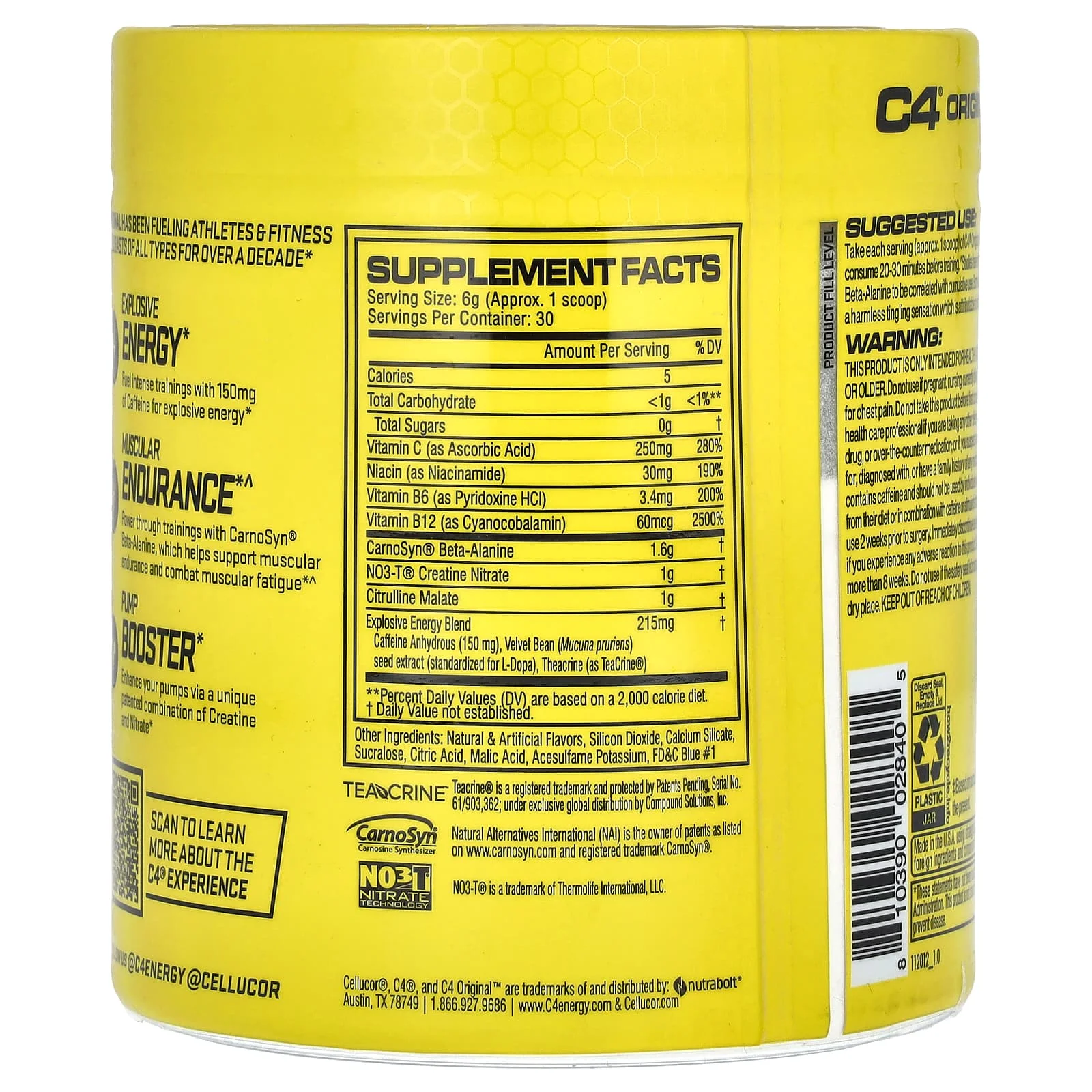 Cellucor, C4 Original Explosive, Pre-Workout, Icy Blue Razz, 6.3 oz Pack of 4