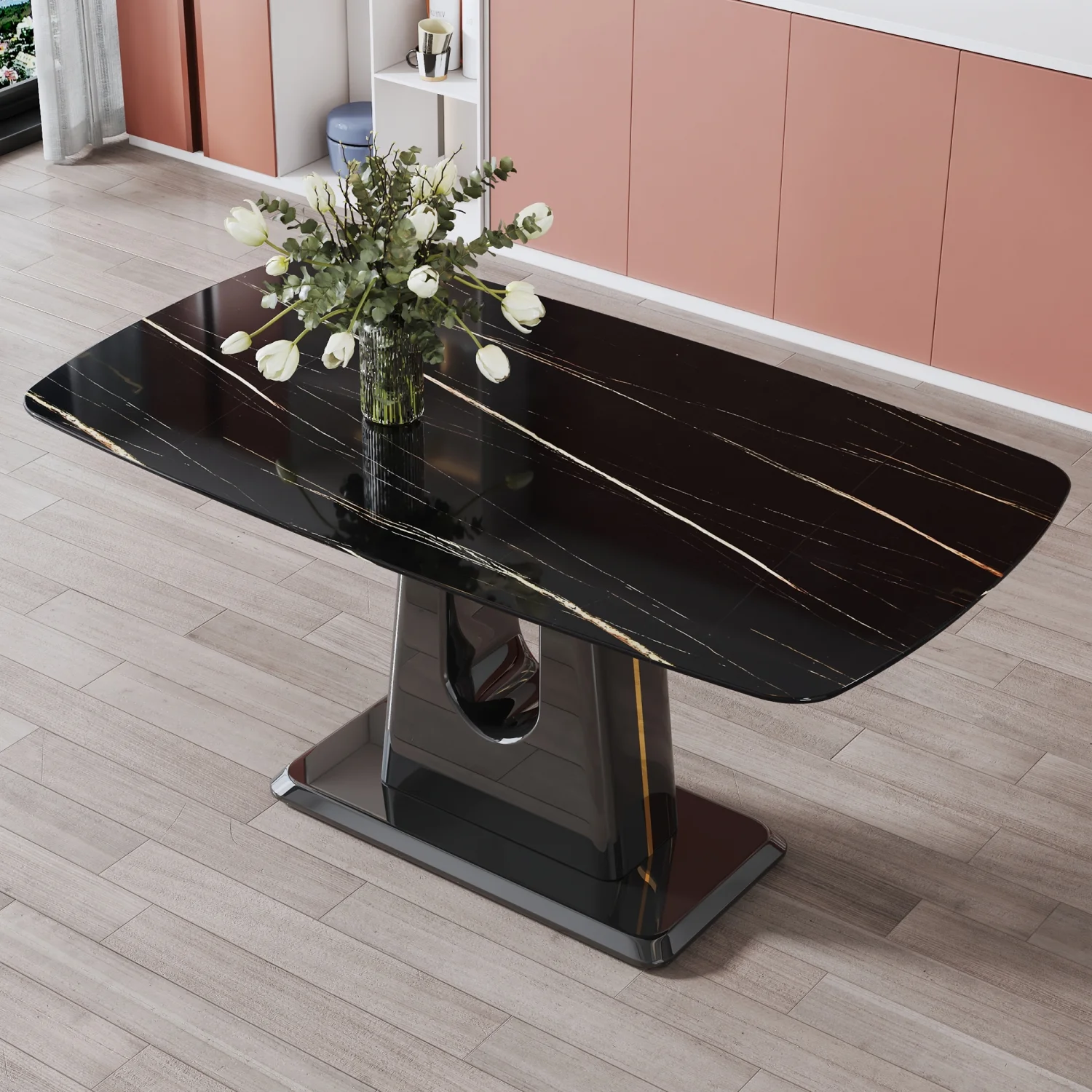 Luxurious Modern Black Imitation Marble Dining Table for Restaurants and Living Rooms - Sleek Minimalist Design with MDF U-Shaped Legs - Versatile for Use as Computer Table - 63” * 35.4”